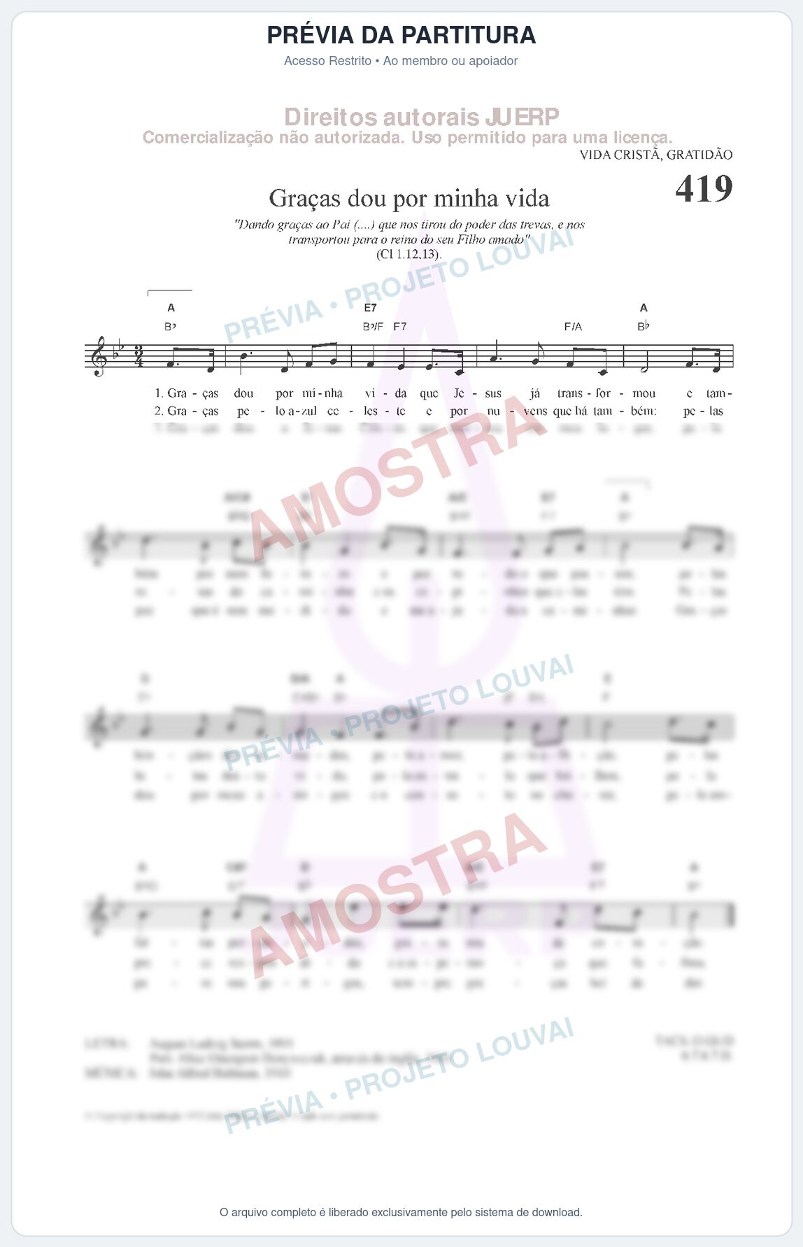 Prévia protegida da primeira página da partitura Partitura da música Graças dou por minha vida (HCC 419) - Hinário para o Culto Cristão - Tom Bb