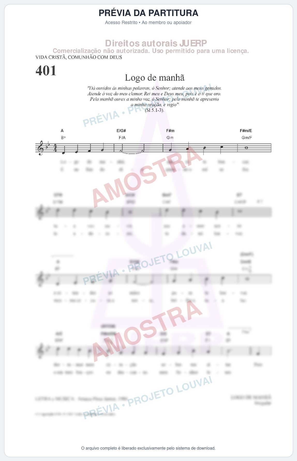 Prévia protegida da primeira página da partitura Partitura da música Logo de manhã (HCC 401) - Hinário para o Culto Cristão - Tom Bb