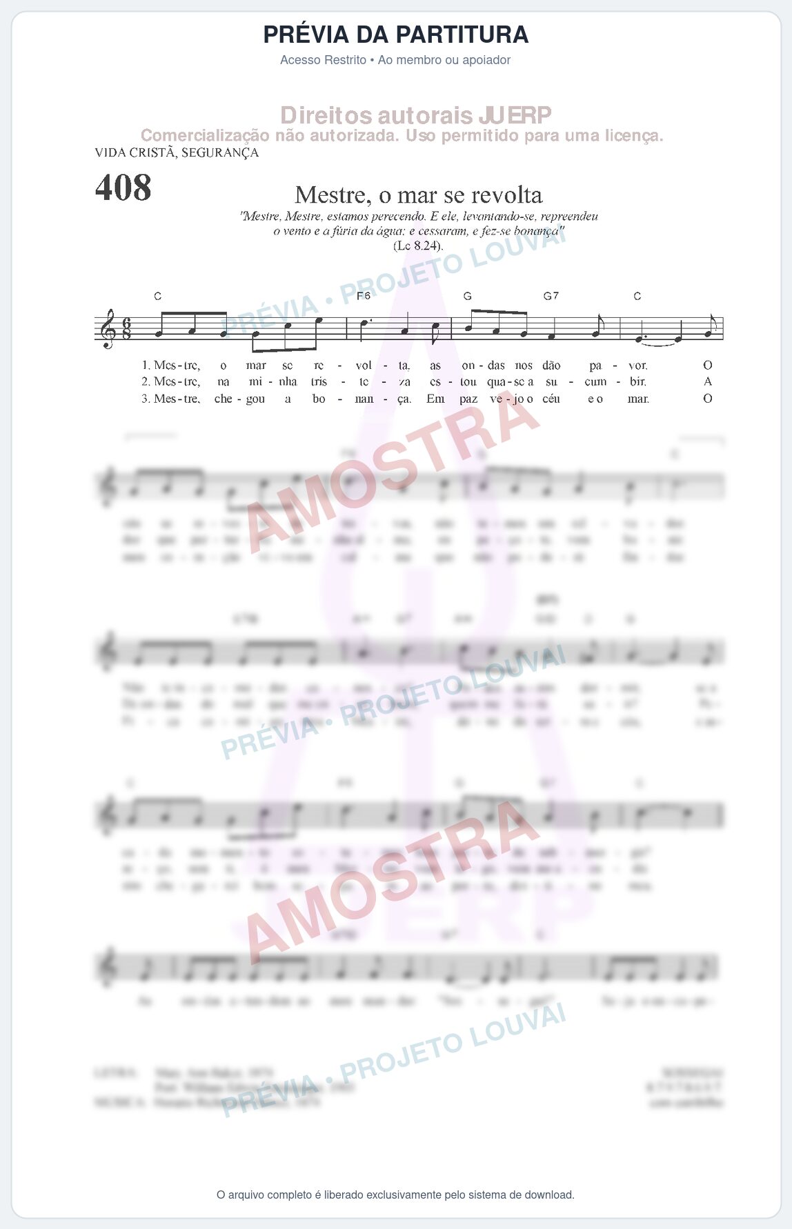Prévia protegida da primeira página da partitura Partitura da música Mestre, o mar se revolta (HCC 408) - Hinário para o Culto Cristão - Tom C
