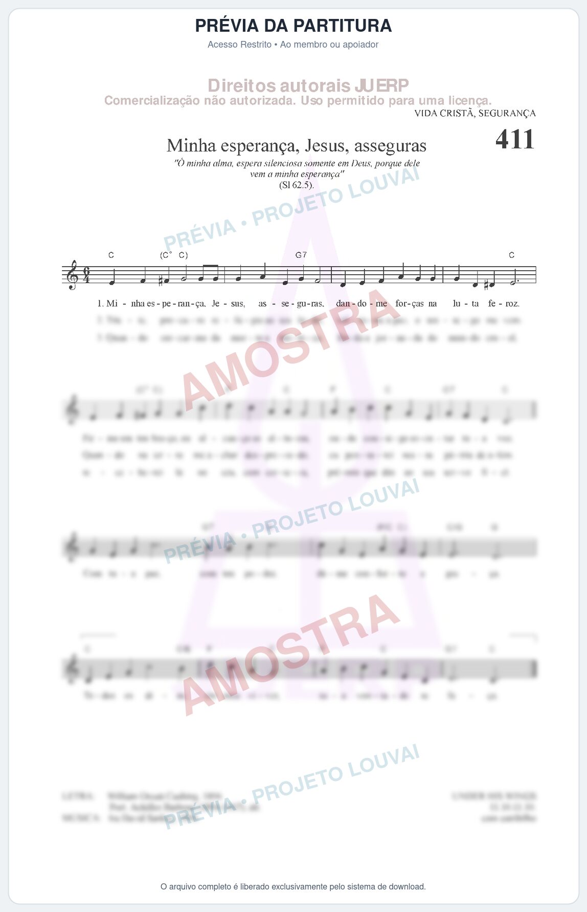 Prévia protegida da primeira página da partitura Partitura da música Minha esperança, Jesus, asseguras (HCC 411) - Hinário para o Culto Cristão - Tom C