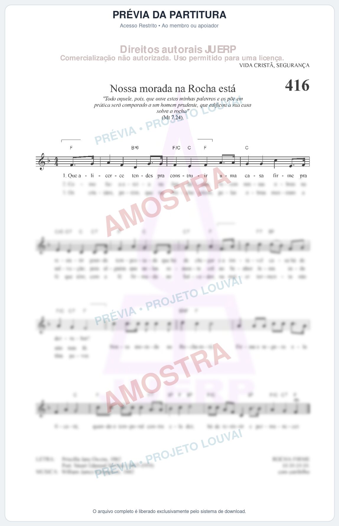 Prévia protegida da primeira página da partitura Partitura da música Nossa morada na Rocha está (HCC 416) - Hinário para o Culto Cristão - Tom F