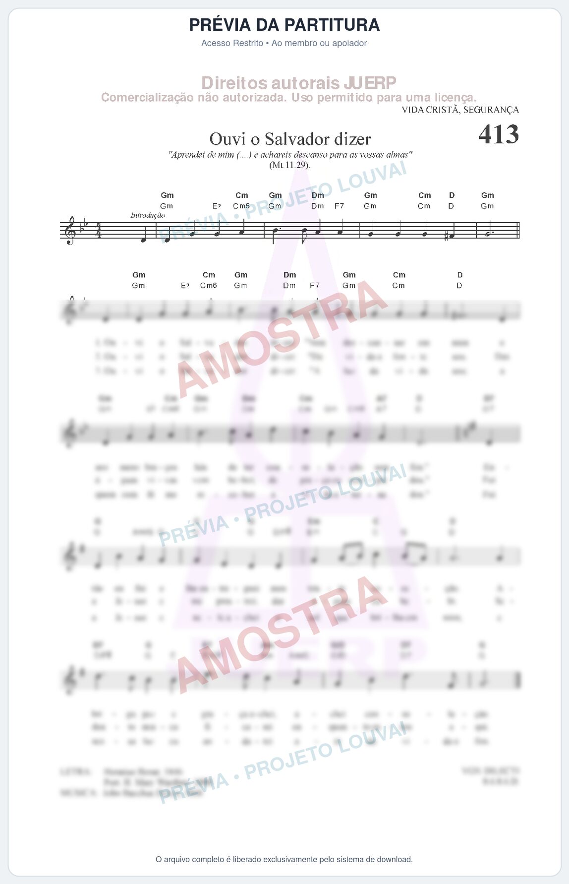 Prévia protegida da primeira página da partitura Partitura da música Ouvi o Salvador dizer (HCC 413) - Hinário para o Culto Cristão - Tom Gm