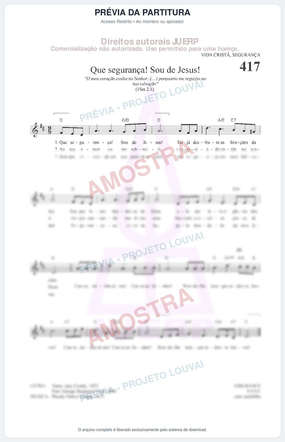 Prévia protegida da primeira página da partitura Partitura da música Que segurança! Sou de Jesus! (HCC 417) - Hinário para o Culto Cristão - Tom D