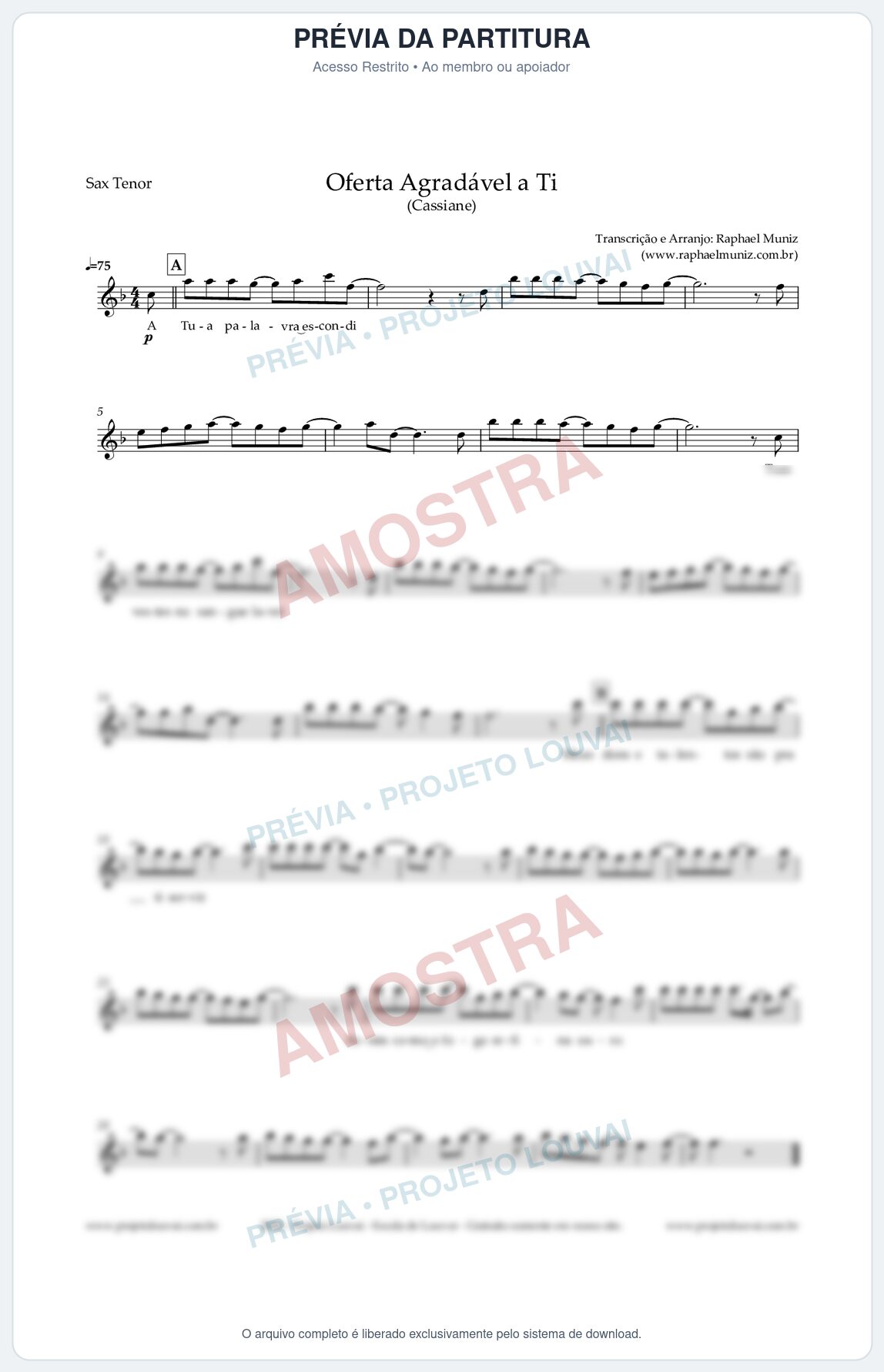 Prévia protegida da primeira página da partitura Partitura para Saxofone Tenor - Oferta Agradável a Ti - Cassiane