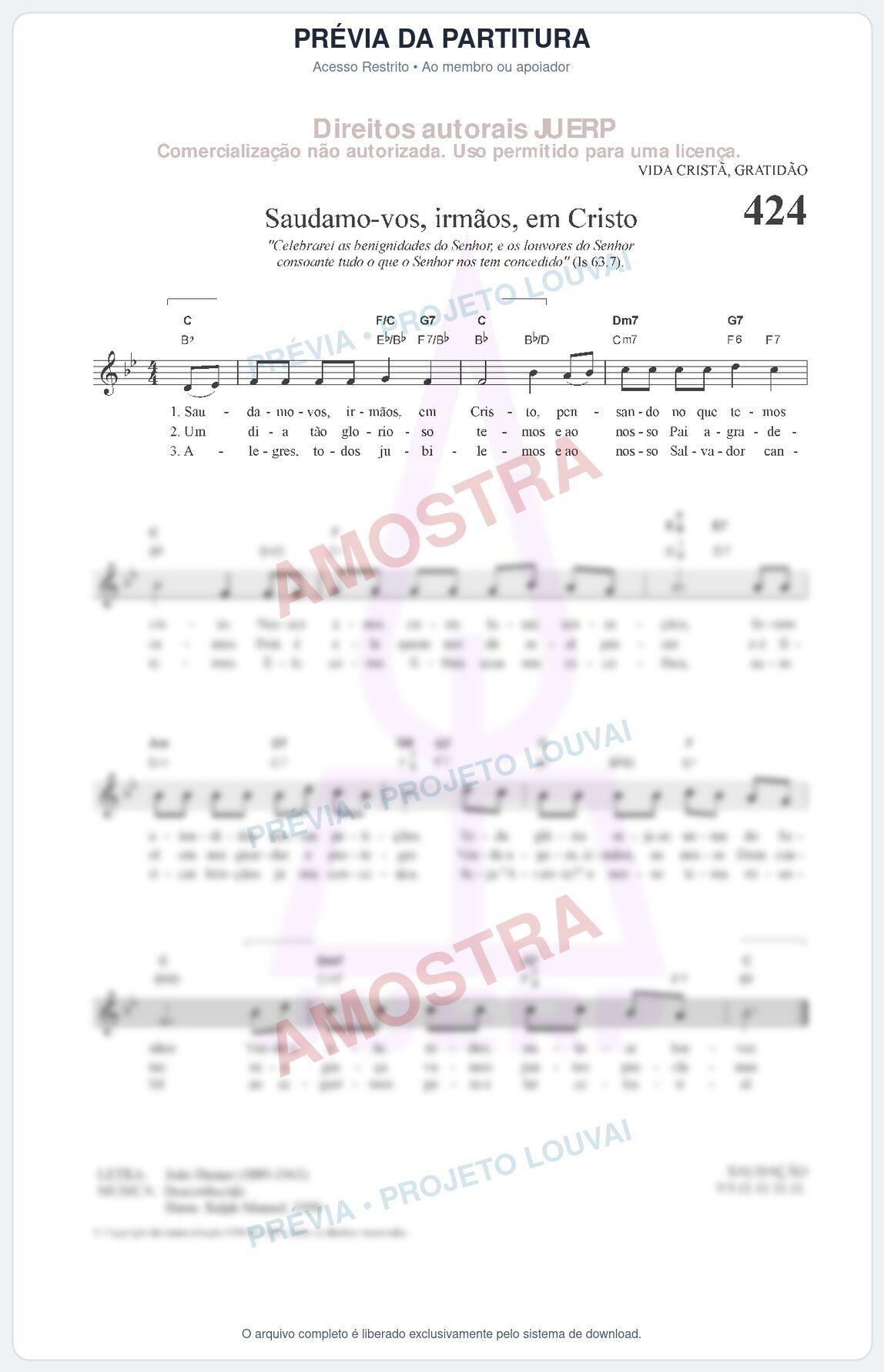 Prévia protegida da primeira página da partitura Partitura da música Saudamo-vos, irmãos, em Cristo (HCC 424) - Hinário para o Culto Cristão - Tom Bb
