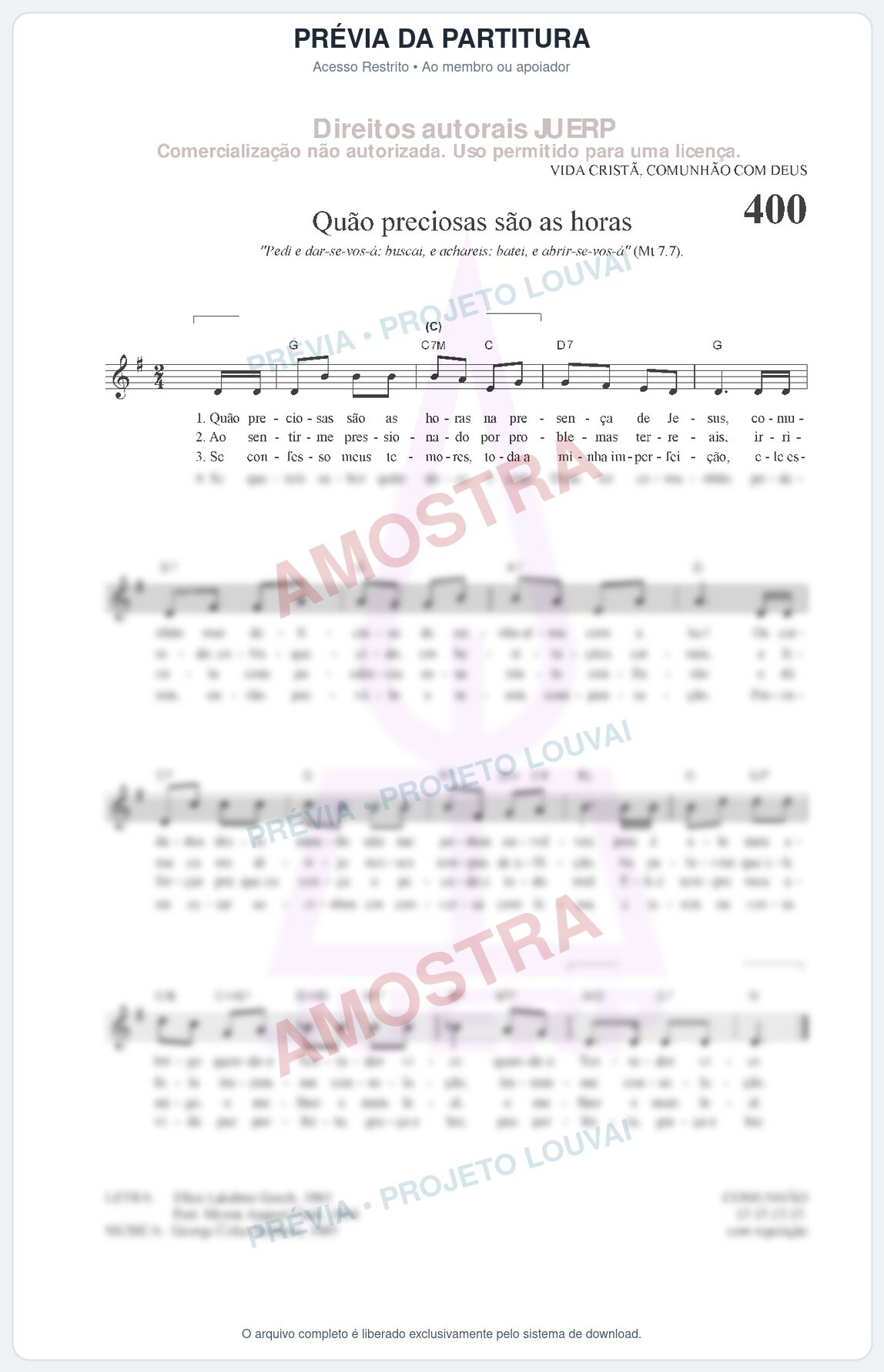 Prévia protegida da primeira página da partitura Partitura da música Quão preciosas são as horas (HCC 400) - Hinário para o Culto Cristão - Tom G