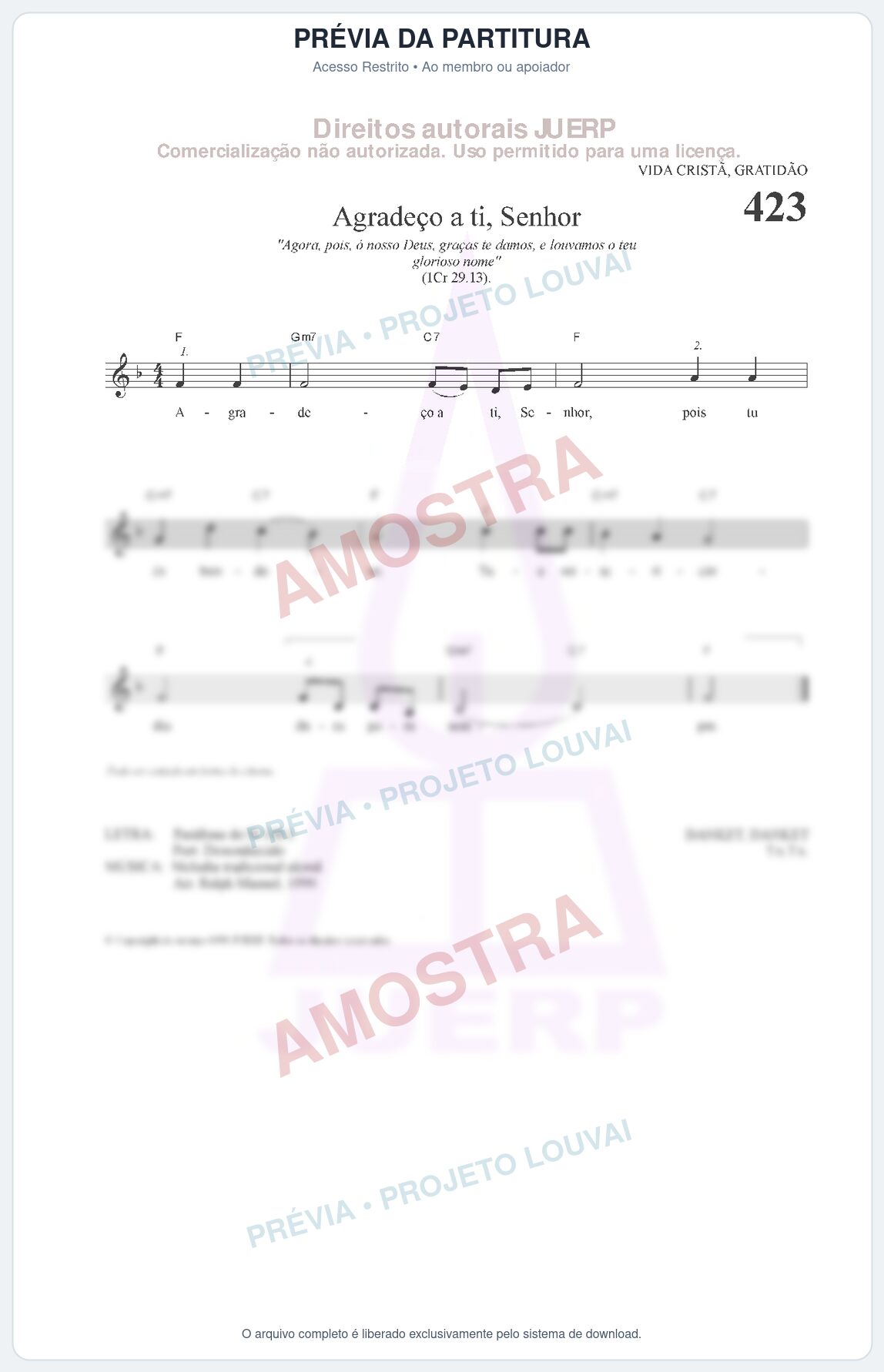 Prévia protegida da primeira página da partitura Partitura da música Agradeço a ti, Senhor (HCC 423) - Hinário para o Culto Cristão - Tom F