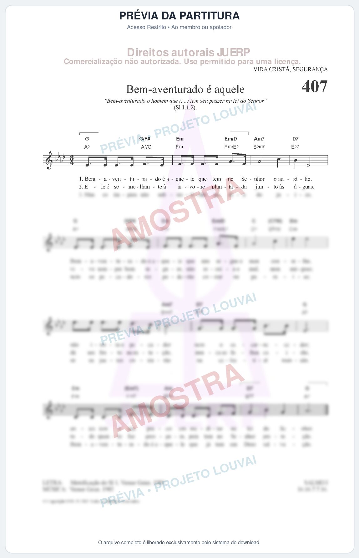 Prévia protegida da primeira página da partitura Partitura da música Bem-aventurado é aquele (HCC 407) - Hinário para o Culto Cristão - Tom Ab