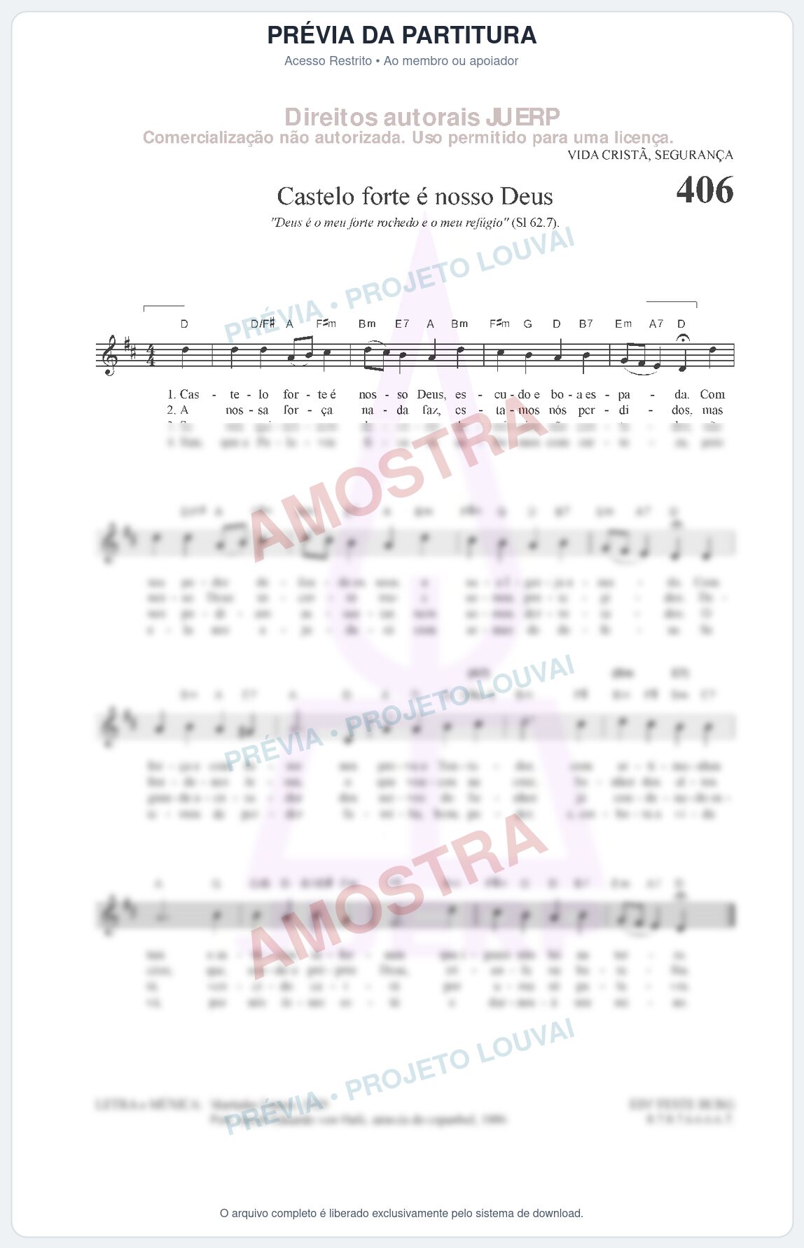 Prévia protegida da primeira página da partitura Partitura da música Castelo forte é nosso Deus (HCC 406) - Hinário para o Culto Cristão - Tom D
