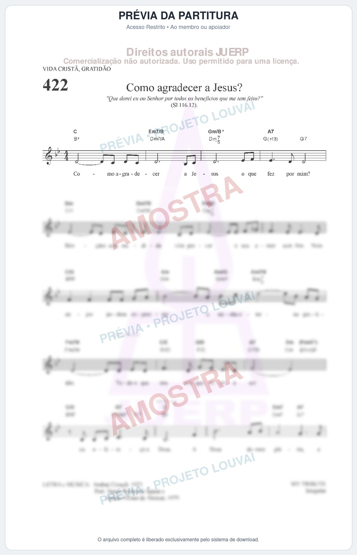 Prévia protegida da primeira página da partitura Partitura da música Como agradecer a Jesus (HCC 422) - Hinário para o Culto Cristão - Tom Bb