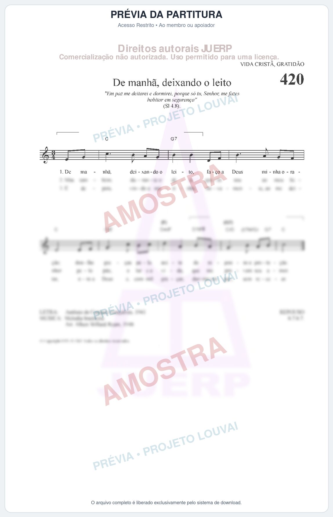 Prévia protegida da primeira página da partitura Partitura da música De manhã, deixando o leito (HCC 420) - Hinário para o Culto Cristão - Tom C