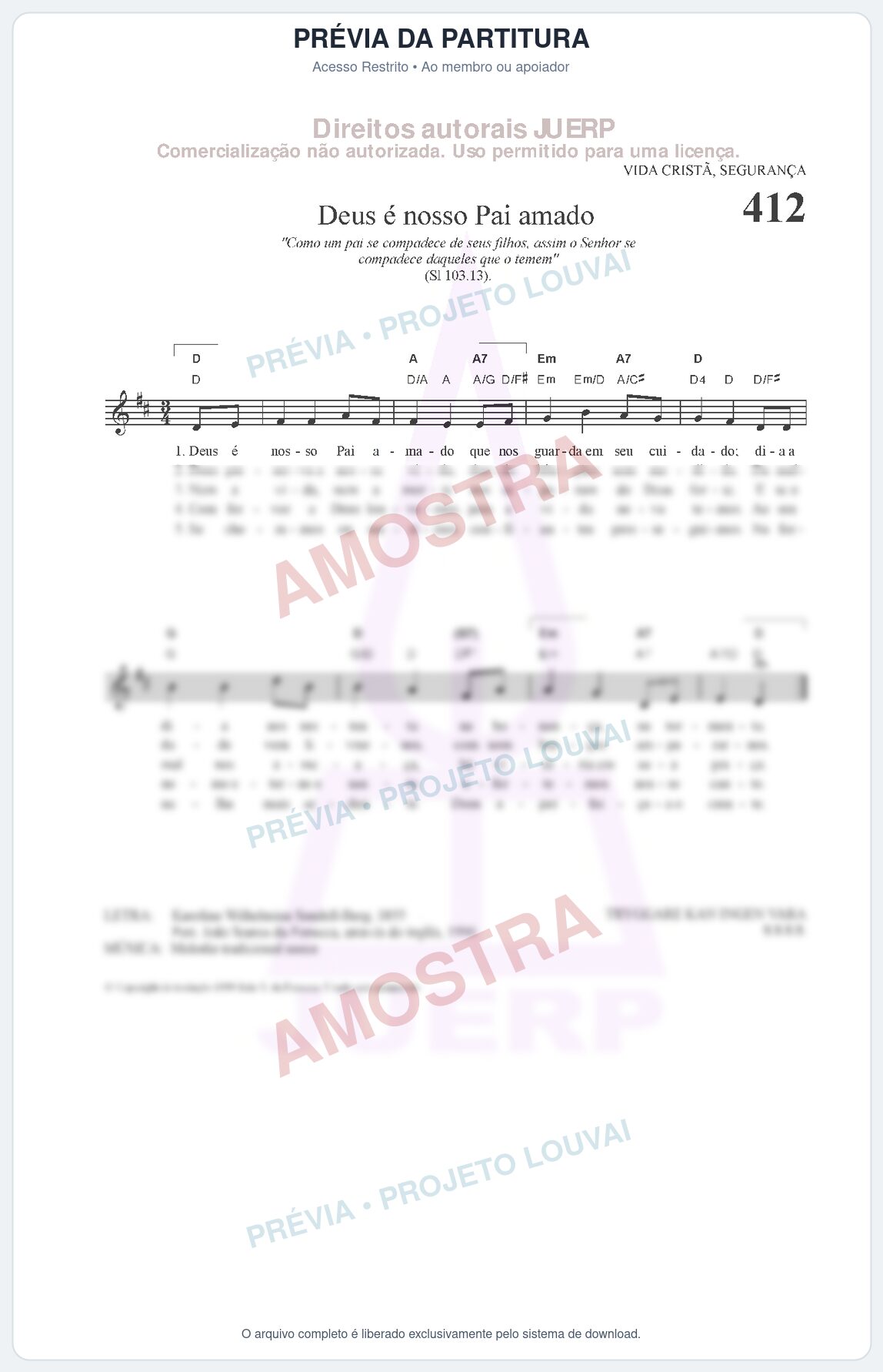 Prévia protegida da primeira página da partitura Partitura da música Deus é nosso Pai amado (HCC 412) - Hinário para o Culto Cristão - Tom D