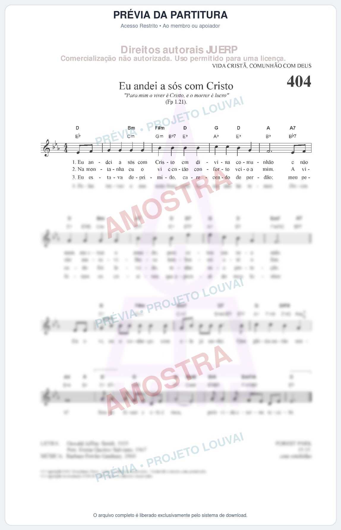 Prévia protegida da primeira página da partitura Partitura da música Eu andei a sós com Cristo (HCC 404) - Hinário para o Culto Cristão - Tom Eb