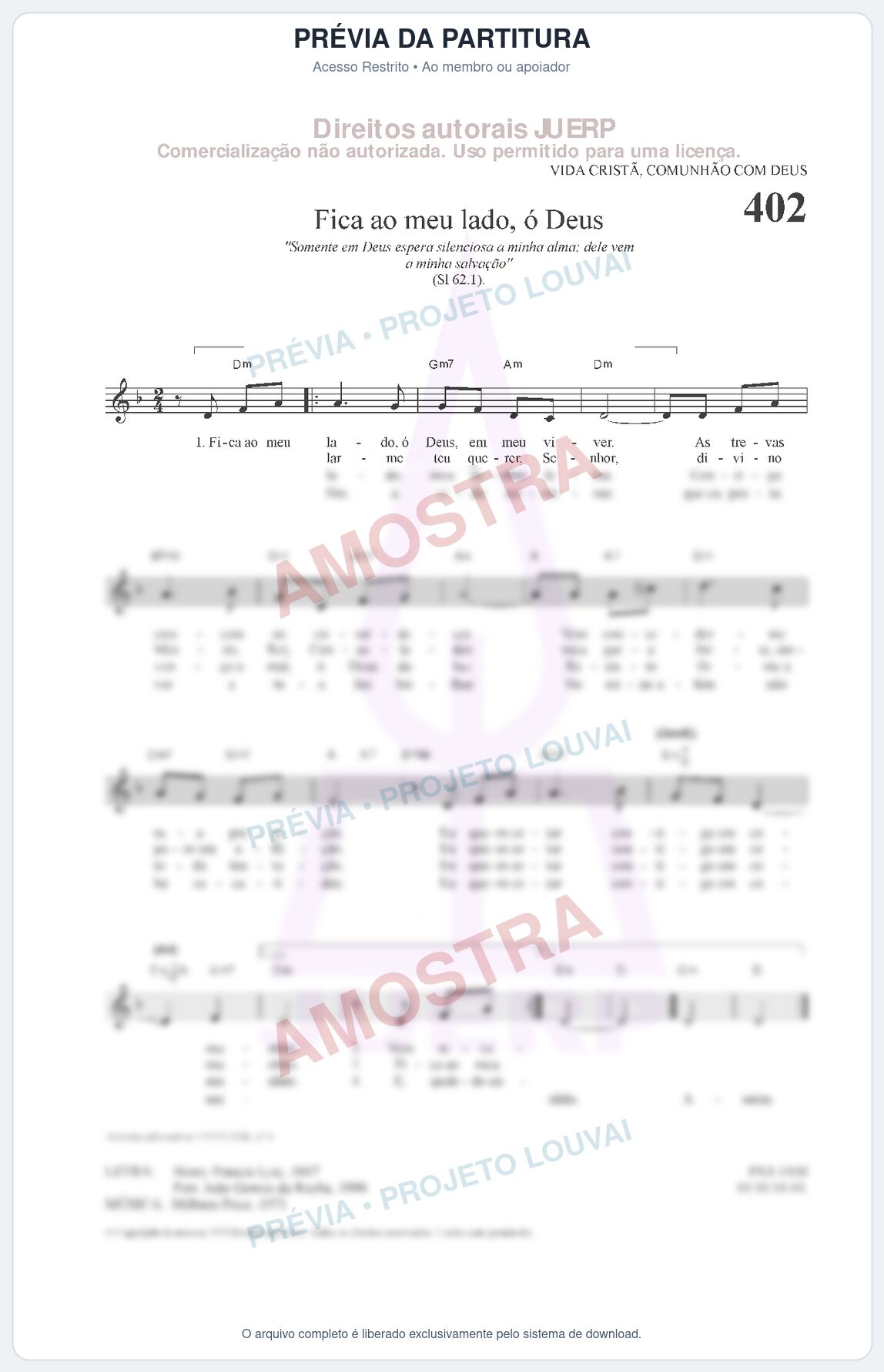 Prévia protegida da primeira página da partitura Partitura da música Fica ao meu lado, ó Deus (HCC 402) - Hinário para o Culto Cristão - Tom Dm
