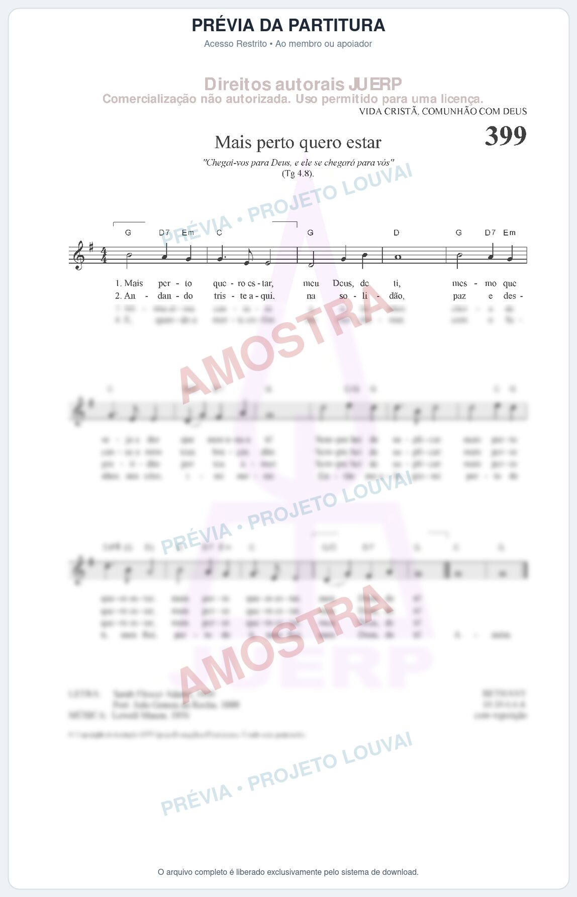 Prévia protegida da primeira página da partitura Partitura da música Mais perto quero estar (HCC 399) - Hinário para o Culto Cristão - Tom G