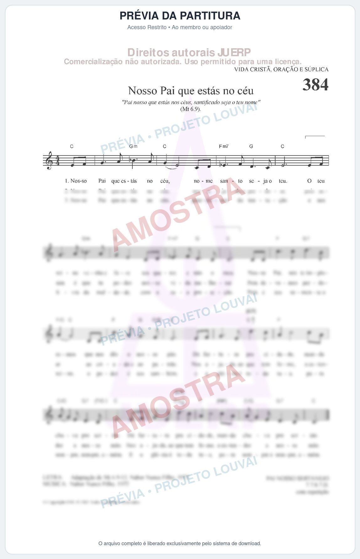 Prévia protegida da primeira página da partitura Partitura da música Nosso Pai que estás no céu (HCC 384) - Hinário para o Culto Cristão - Tom C
