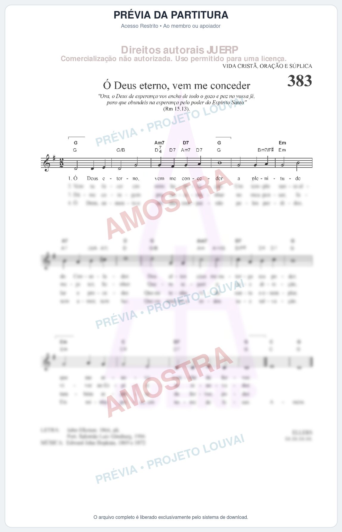Prévia protegida da primeira página da partitura Partitura da música Deus eterno, vem me conceder (HCC 383) - Hinário para o Culto Cristão - Tom G