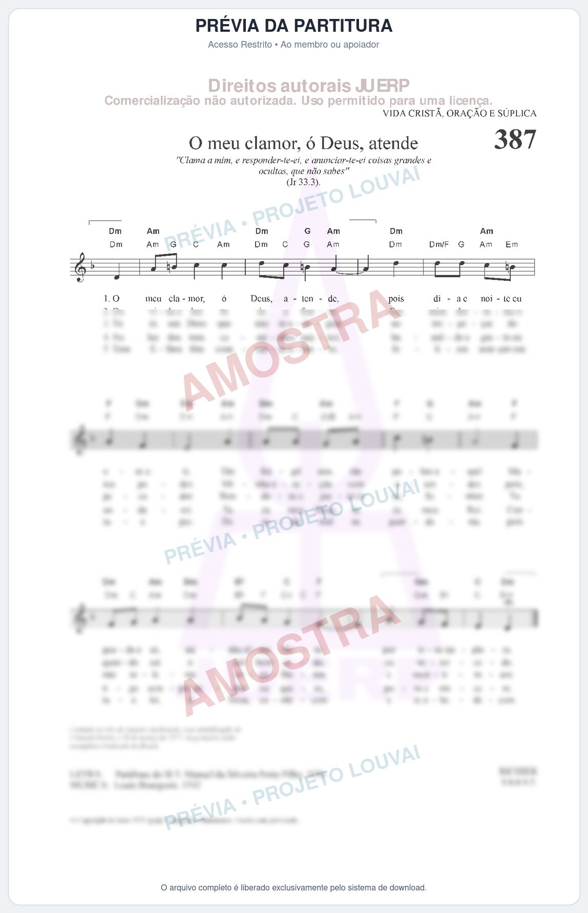Prévia protegida da primeira página da partitura Partitura da música O meu clamor, ó Deus, atende (HCC 387) - Hinário para o Culto Cristão - Tom Dm