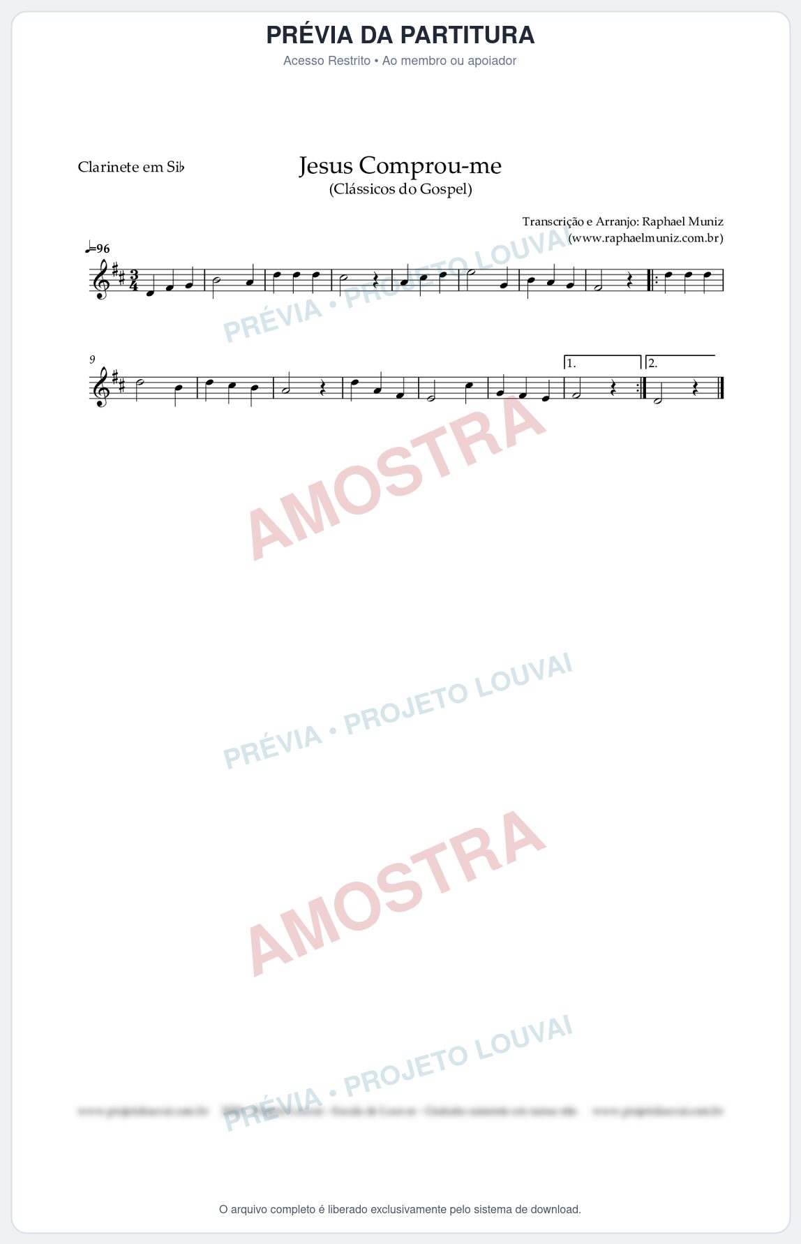Prévia protegida da primeira página da partitura Partitura para Clarinete em Sib - Jesus Comprou-me - Harpa Cristã nº13 - Clássicos do Gospel
