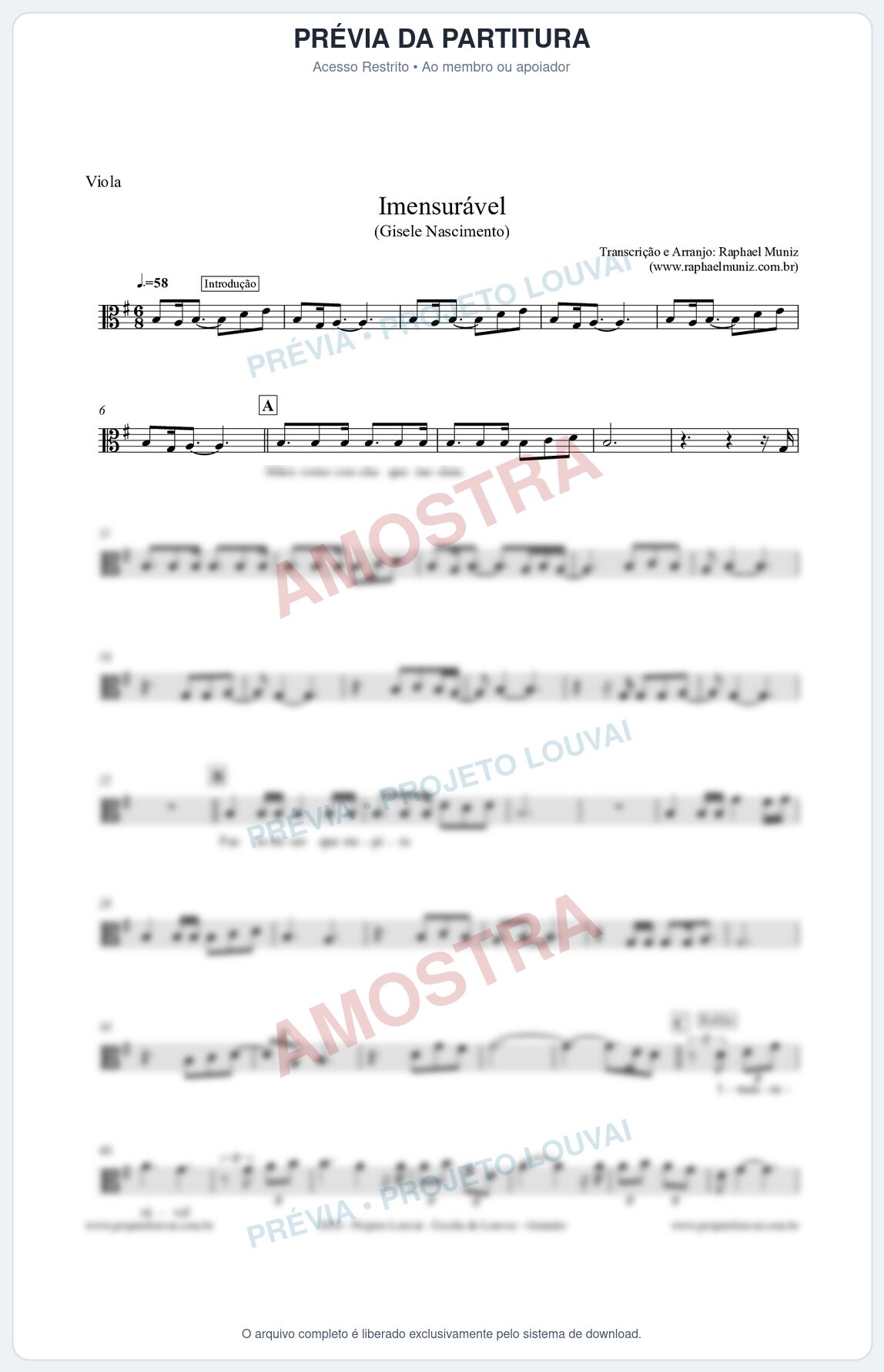 Prévia protegida da primeira página da partitura Partitura para Viola - Imensurável - Gisele Nascimento