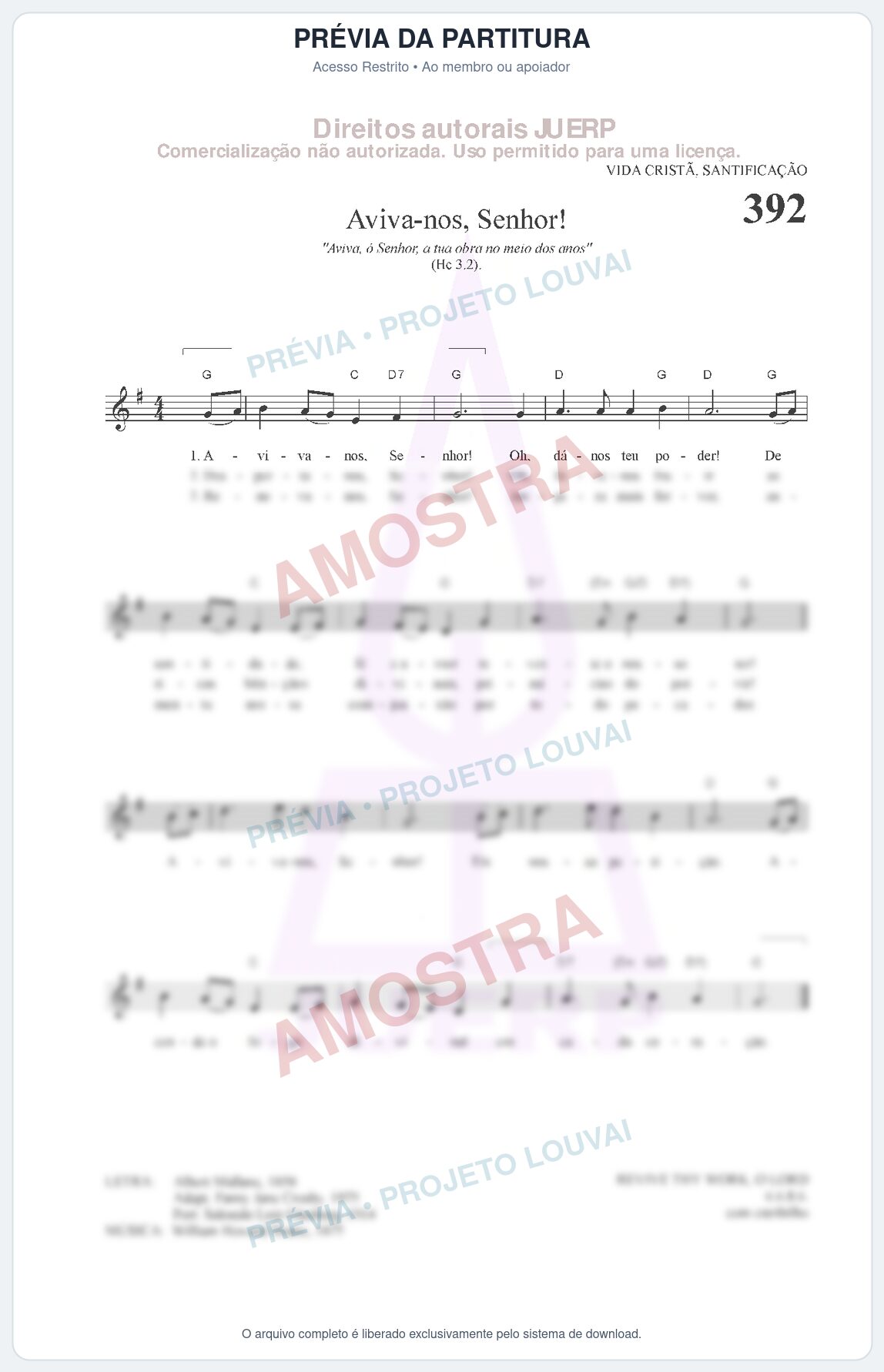 Prévia protegida da primeira página da partitura Partitura da música Aviva-nos, Senhor! (HCC 392) - Hinário para o Culto Cristão - Tom G