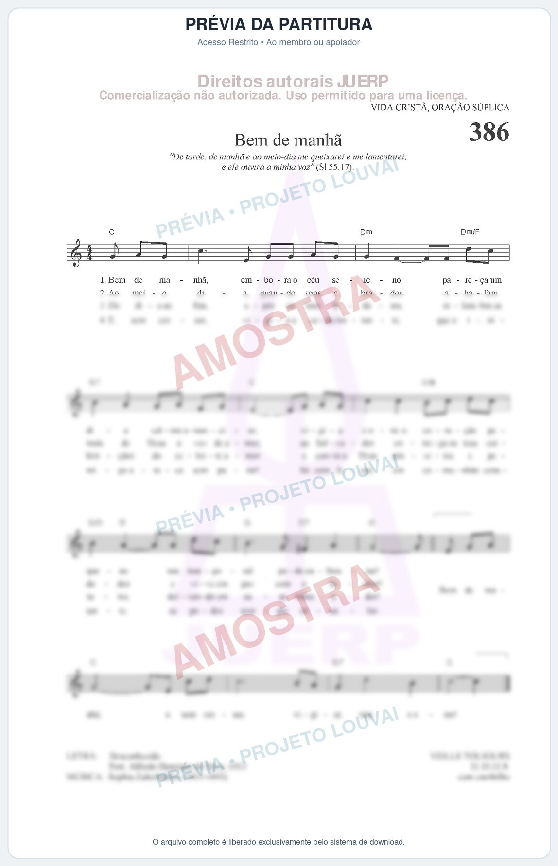 Prévia protegida da primeira página da partitura Partitura da música Bem de manhã (HCC 386) - Hinário para o Culto Cristão - Tom C