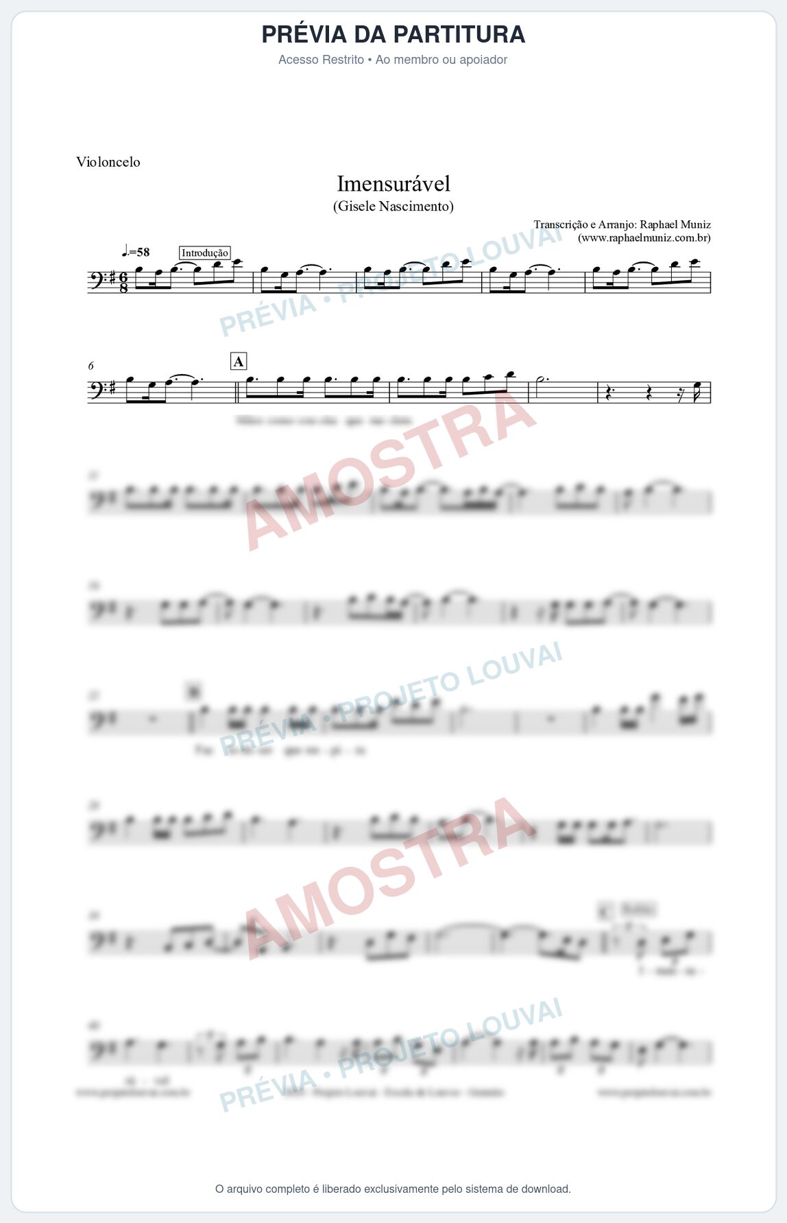 Prévia protegida da primeira página da partitura Partitura para Violoncelo - Imensurável - Gisele Nascimento