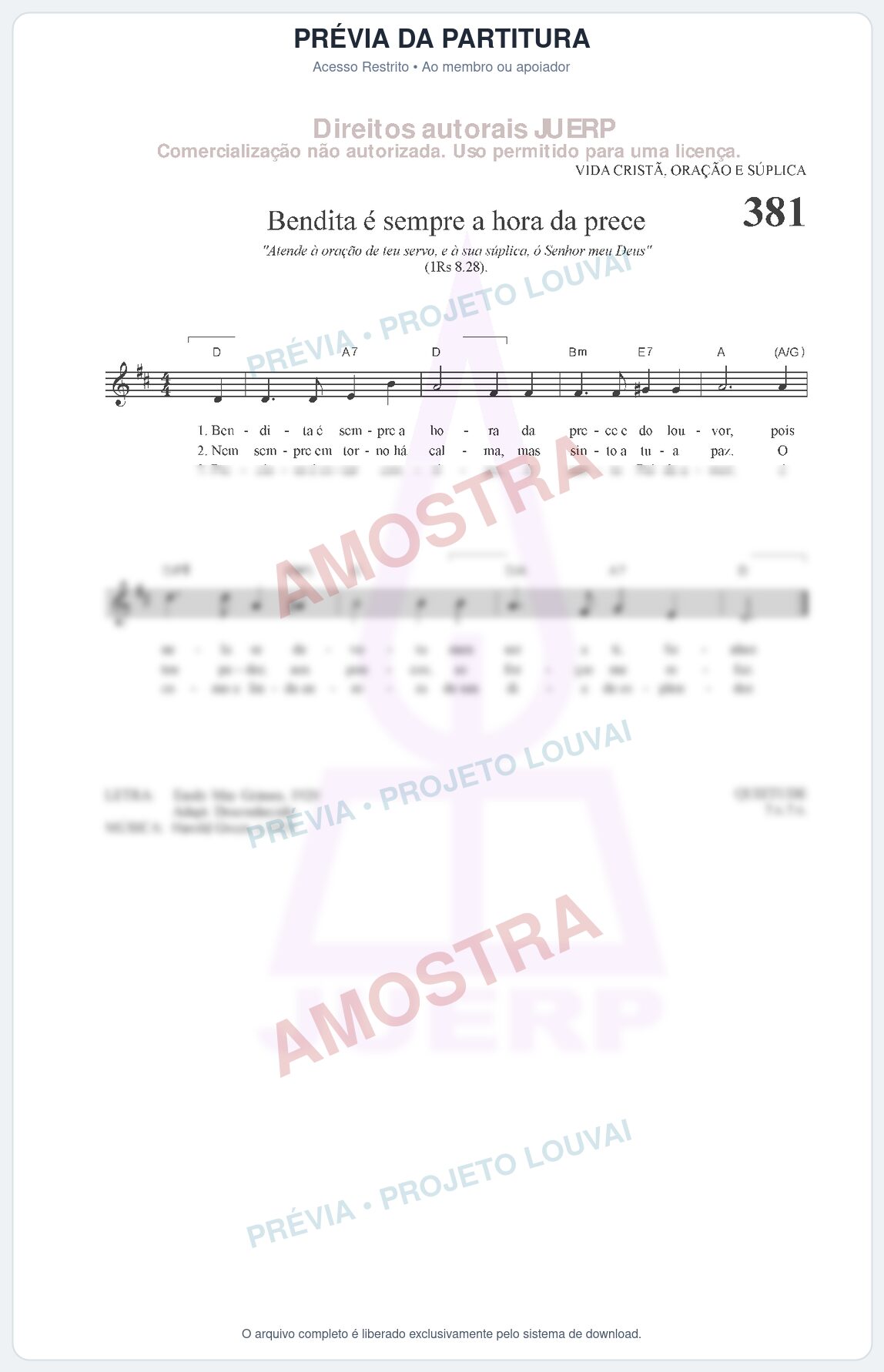 Prévia protegida da primeira página da partitura Partitura da música Bendita é sempre a hora da prece (HCC 381) - Hinário para o Culto Cristão - Tom D
