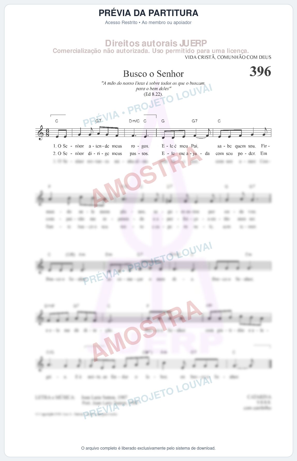 Prévia protegida da primeira página da partitura Partitura da música Busco o Senhor (HCC 396) - Hinário para o Culto Cristão - Tom C