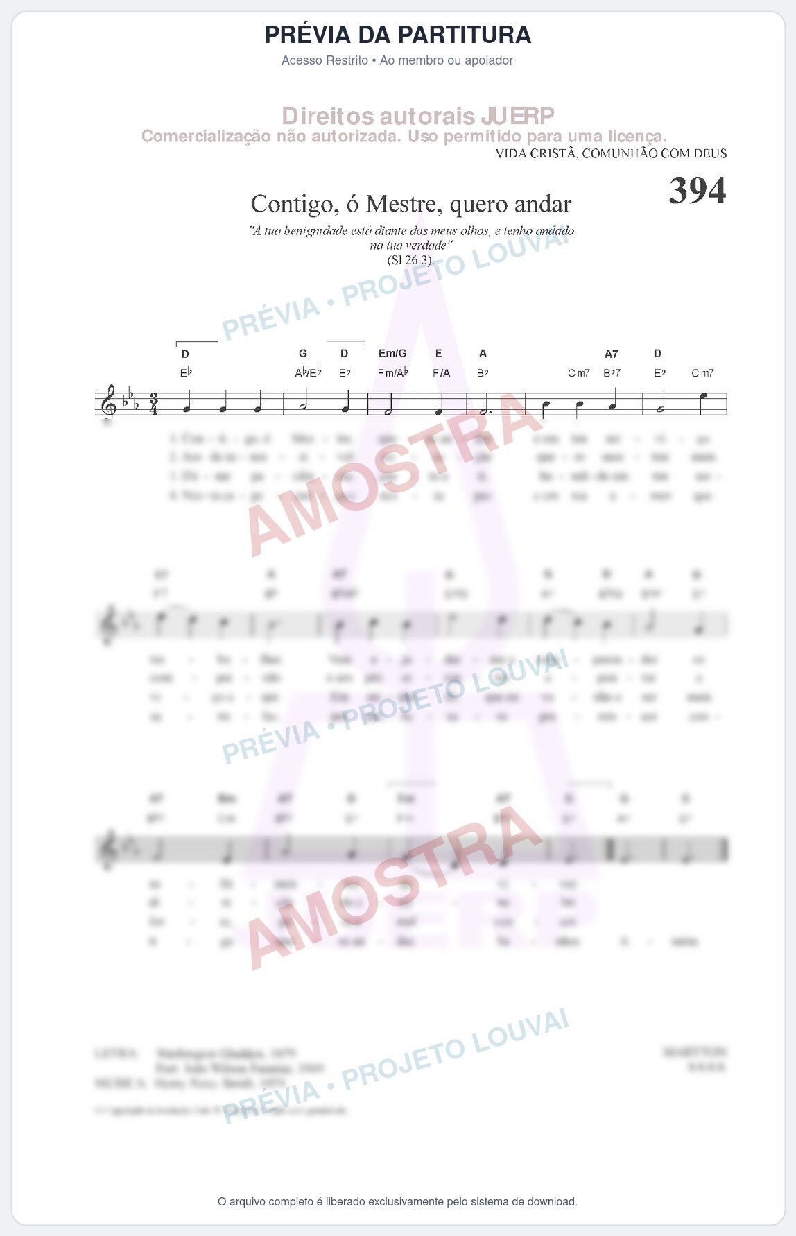 Prévia protegida da primeira página da partitura Partitura da música Contigo, ó Mestre, quero andar (HCC 394) - Hinário para o Culto Cristão - Tom Eb