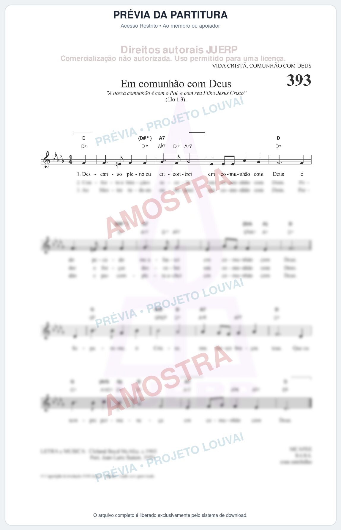 Prévia protegida da primeira página da partitura Partitura da música Em comunhão com Deus (HCC 393) - Hinário para o Culto Cristão - Tom Db