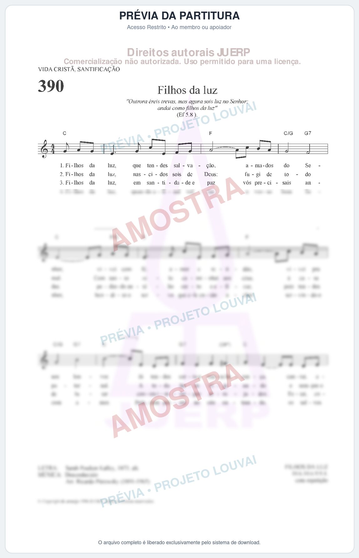 Prévia protegida da primeira página da partitura Partitura da música Filhos da luz (HCC 390) - Hinário para o Culto Cristão - Tom G
