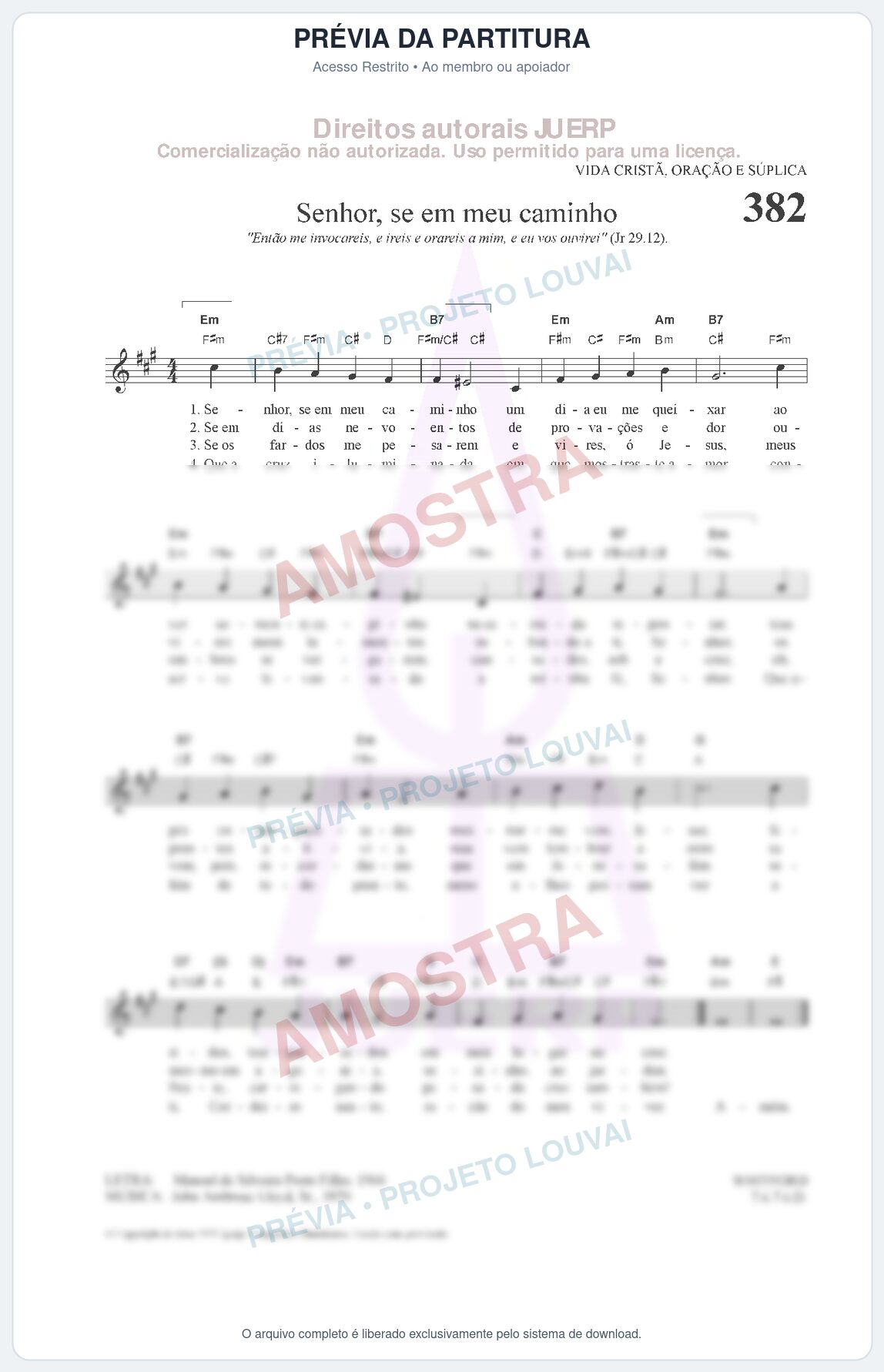 Prévia protegida da primeira página da partitura Partitura da música Senhor, se em meu caminho (HCC 382) - Hinário para o Culto Cristão - Tom F#m