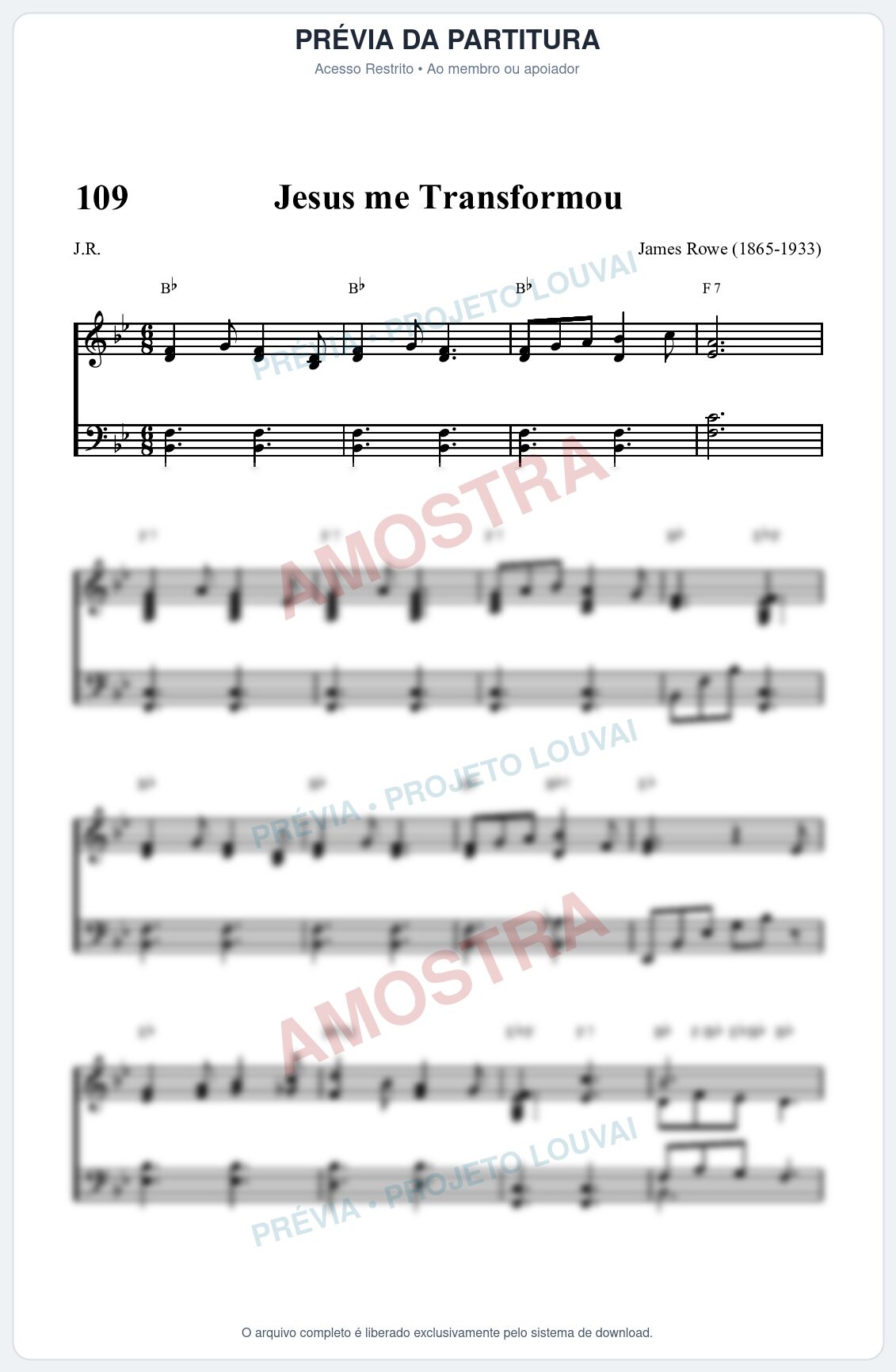 Prévia protegida da primeira página da partitura Partitura da música Jesus me Transformou (HASD 109) - Hinário Adventista - Tom Bb