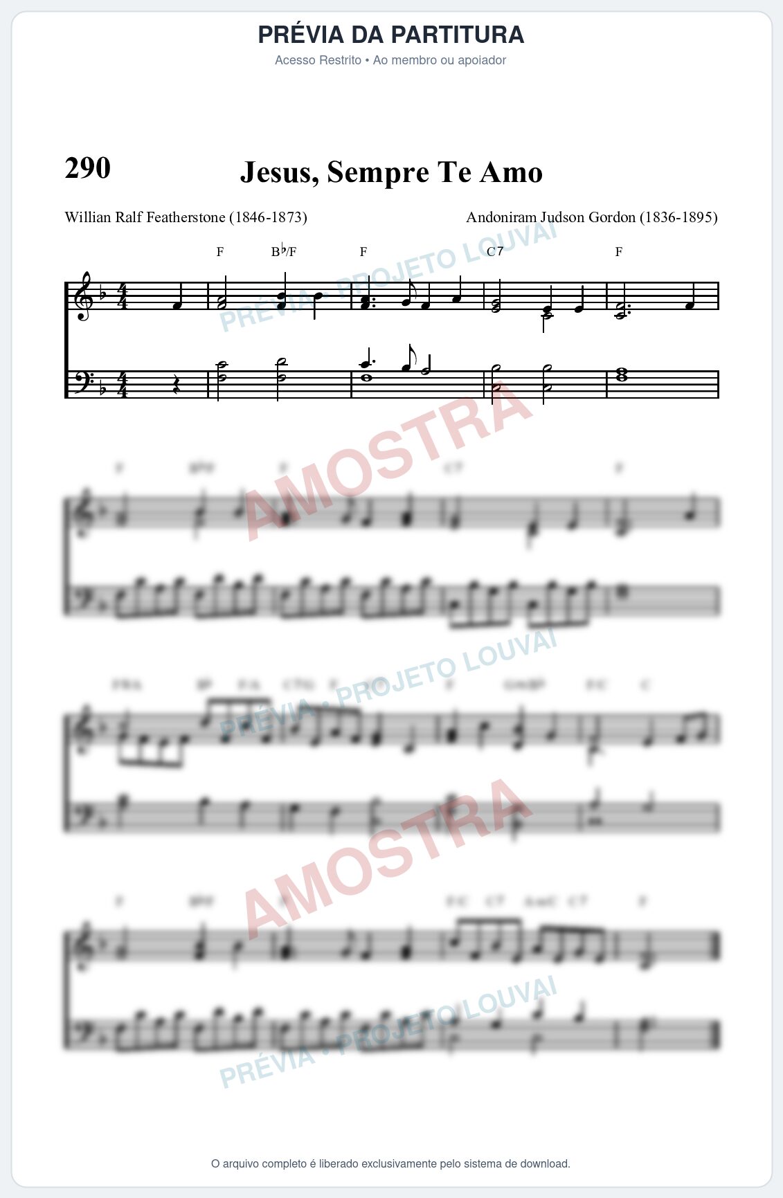 Prévia protegida da primeira página da partitura Partitura da música Jesus, Sempre Te Amo (HASD 290) - Hinário Adventista - Tom F