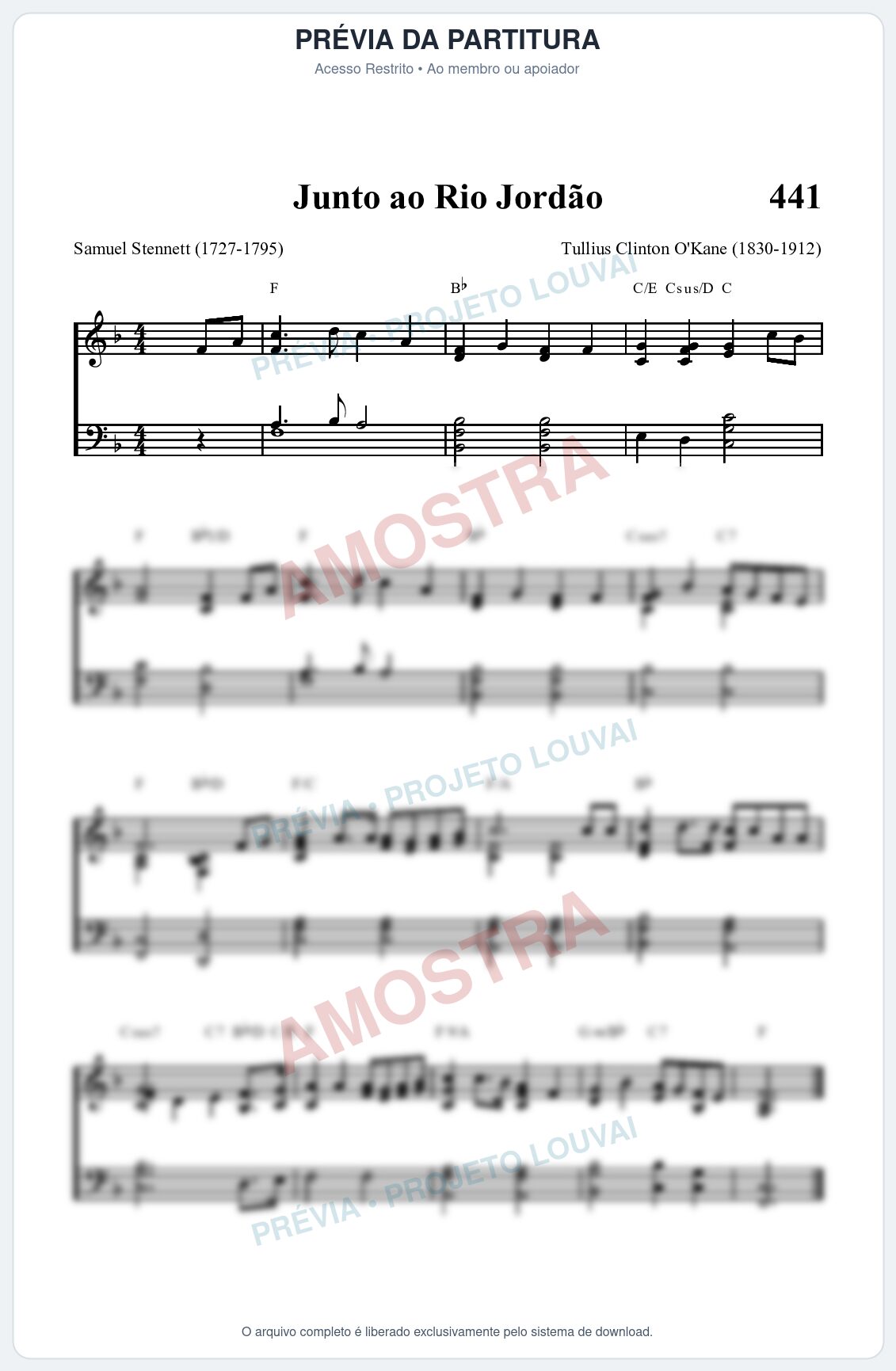 Prévia protegida da primeira página da partitura Partitura da música Junto ao Rio Jordão (HASD 441) - Hinário Adventista - Tom F