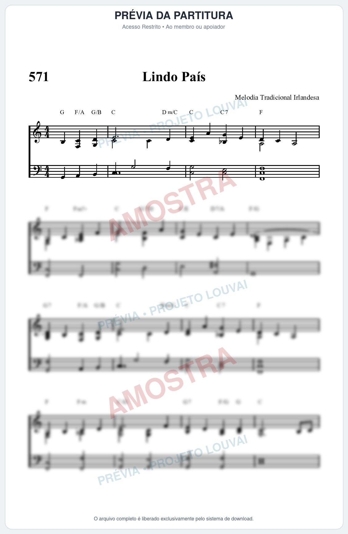 Prévia protegida da primeira página da partitura Partitura da música Lindo País (HASD 571) - Hinário Adventista - Tom C