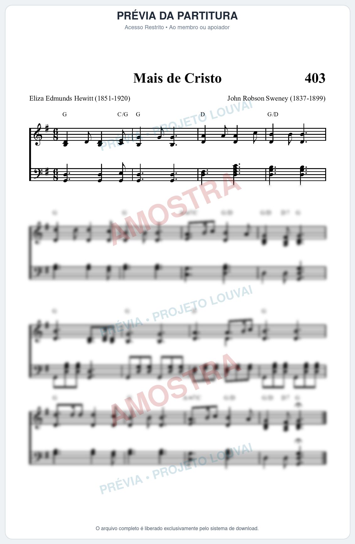 Prévia protegida da primeira página da partitura Partitura da música Mais de Cristo (HASD 403) - Hinário Adventista - Tom G