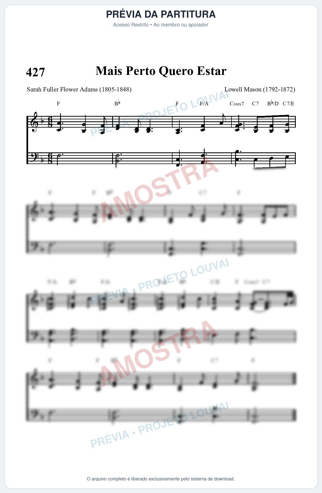 Prévia protegida da primeira página da partitura Partitura da música Mais Perto Quero Estar (HASD 427) - Hinário Adventista - Tom F