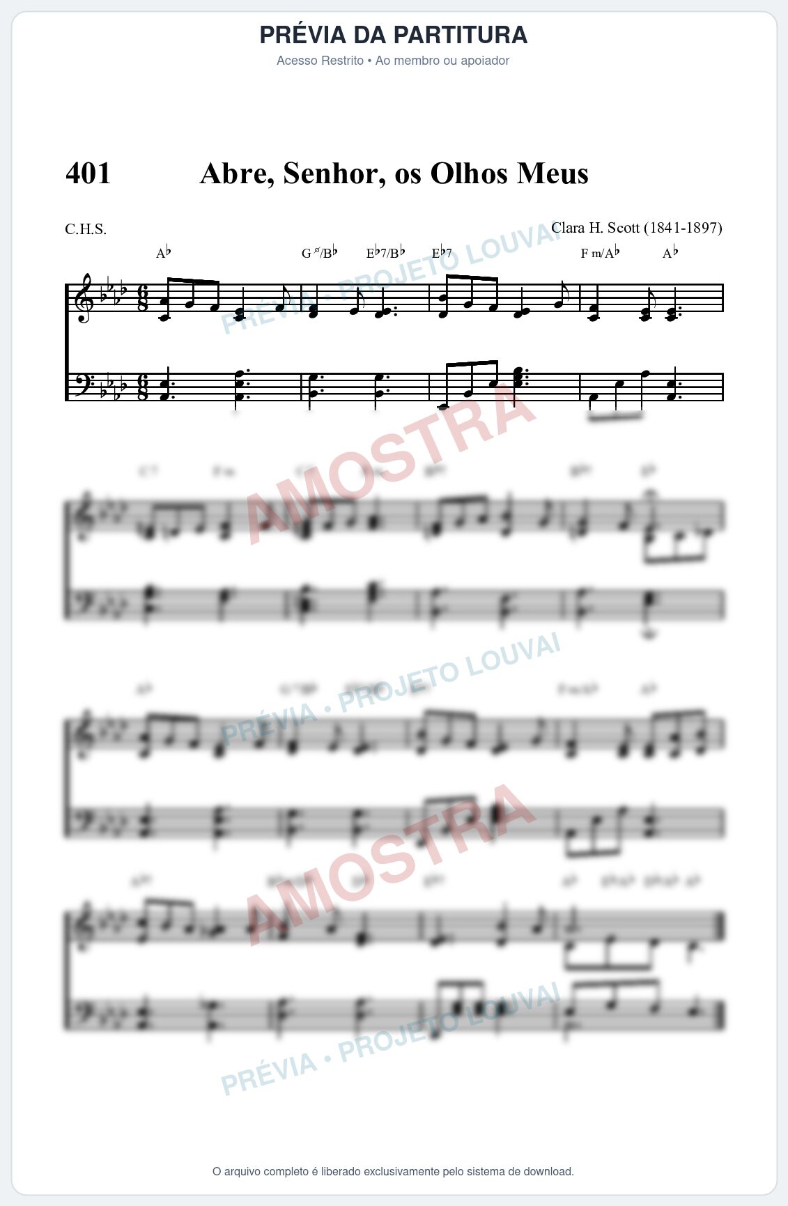 Prévia protegida da primeira página da partitura Partitura da música Abre, Senhor, os Olhos Meus (HASD 401) - Hinário Adventista - Tom Ab
