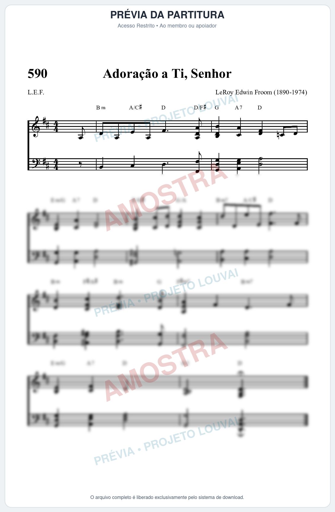 Prévia protegida da primeira página da partitura Partitura da música Adoração a Ti, Senhor (HASD 590) - Hinário Adventista - Tom D
