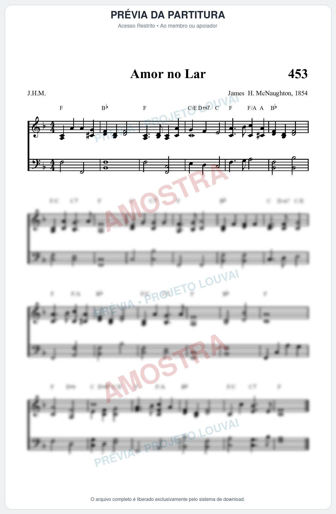 Prévia protegida da primeira página da partitura Partitura da música Amor no Lar (HASD 453) - Hinário Adventista - Tom F