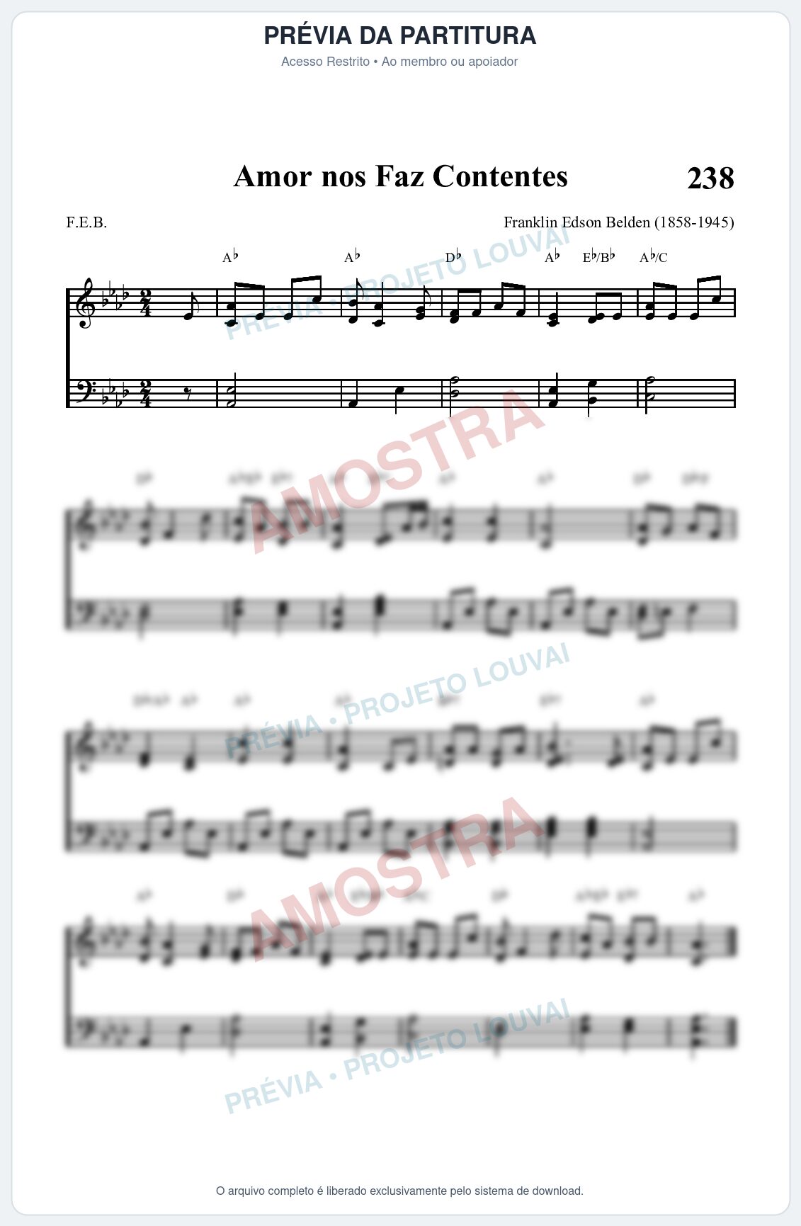 Prévia protegida da primeira página da partitura Partitura da música Amor nos Faz Contentes (HASD 238) - Hinário Adventista - Tom Ab