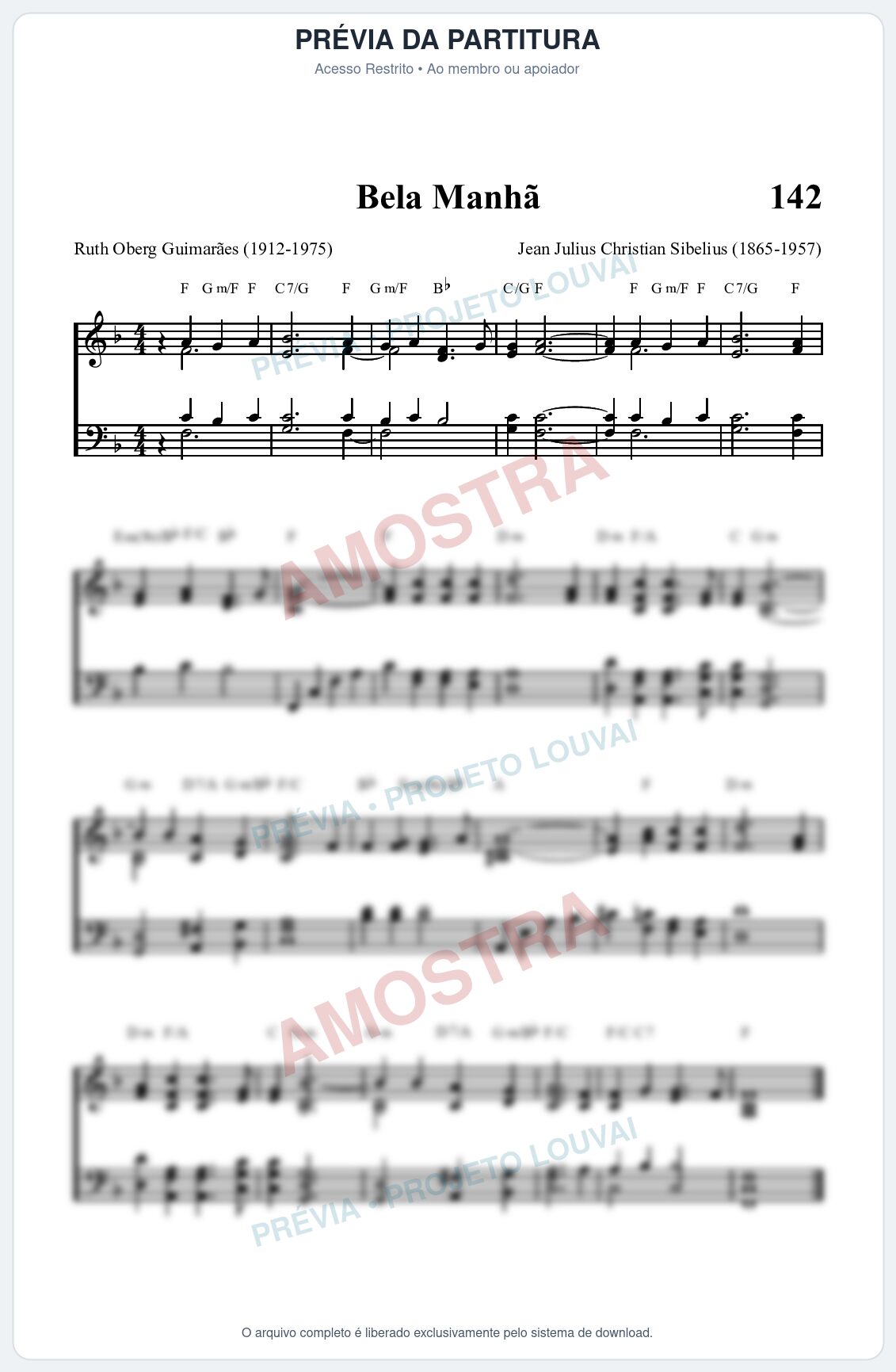Prévia protegida da primeira página da partitura Partitura da música Bela Manhã (HASD 142) - Hinário Adventista - Tom F