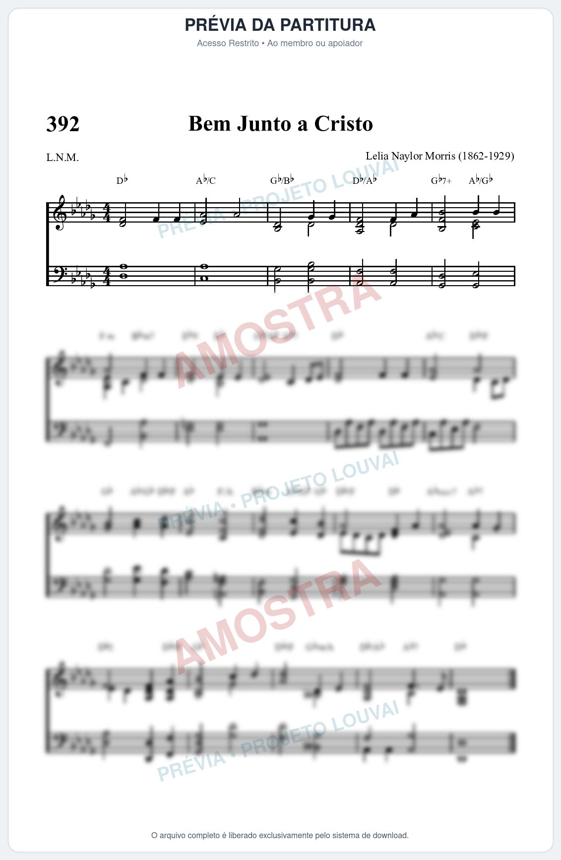 Prévia protegida da primeira página da partitura Partitura da música Bem Junto a Cristo (HASD 392) - Hinário Adventista - Tom Db