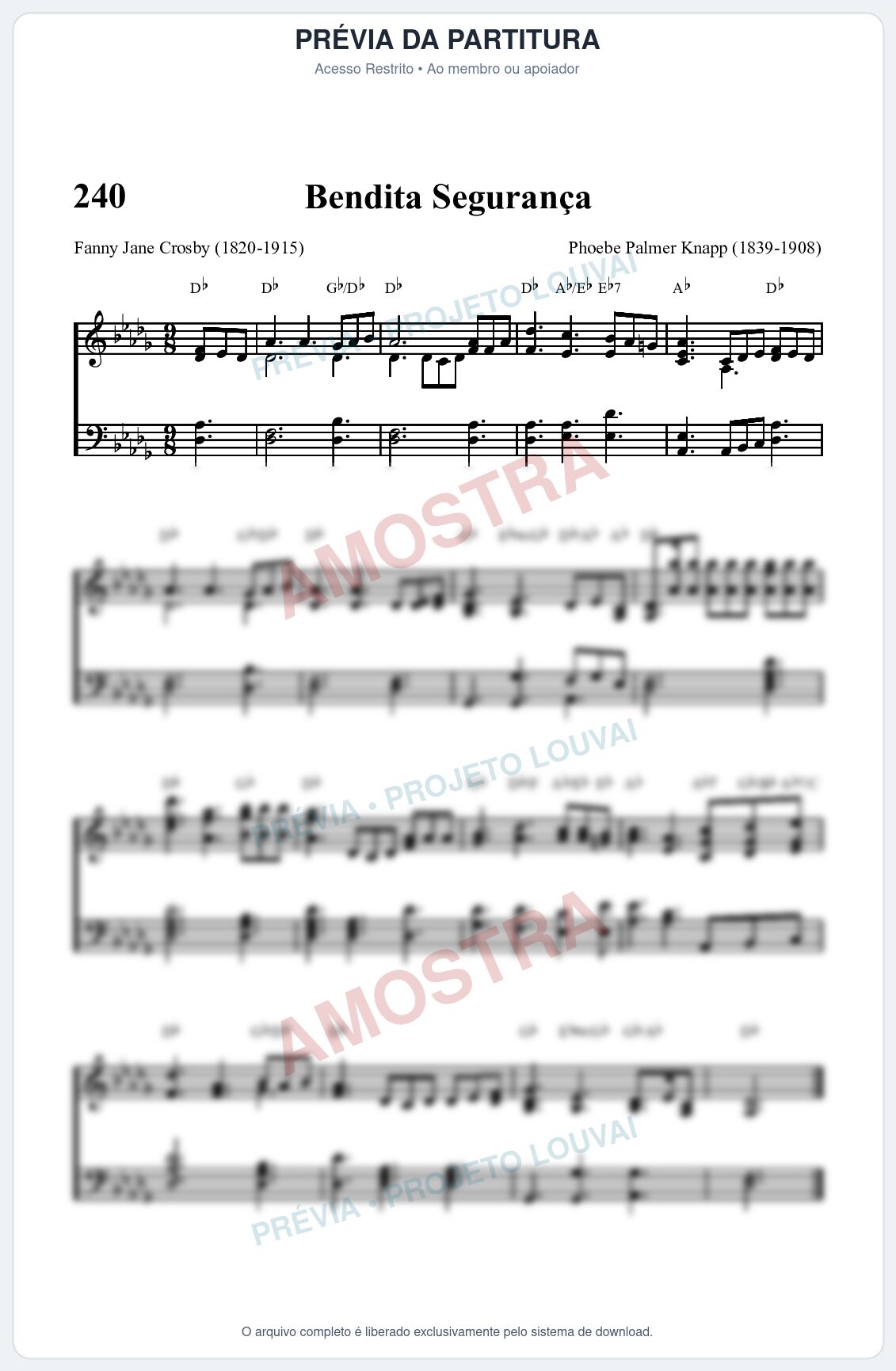 Prévia protegida da primeira página da partitura Partitura da música Bendita Segurança (HASD 240) - Hinário Adventista - Tom Db