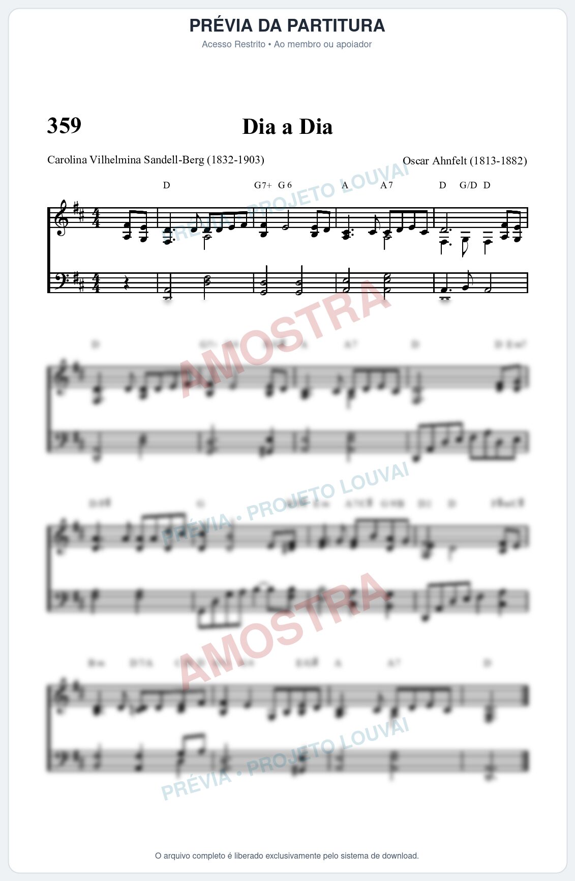 Prévia protegida da primeira página da partitura Partitura da música Dia a Dia (HASD 359) - Hinário Adventista - Tom D