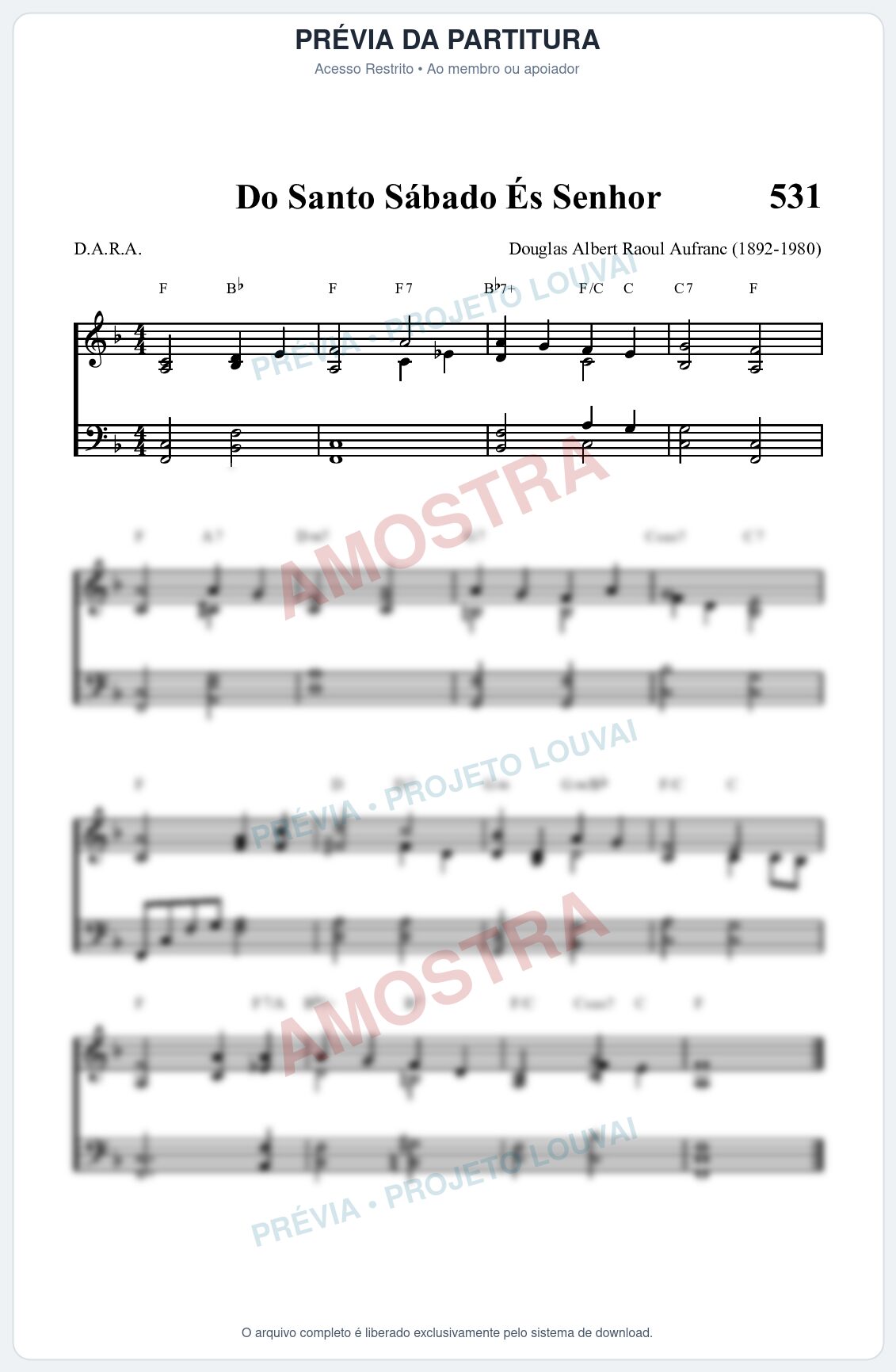 Prévia protegida da primeira página da partitura Partitura da música Do Santo Sábado És Senhor (HASD 531) - Hinário Adventista - Tom F