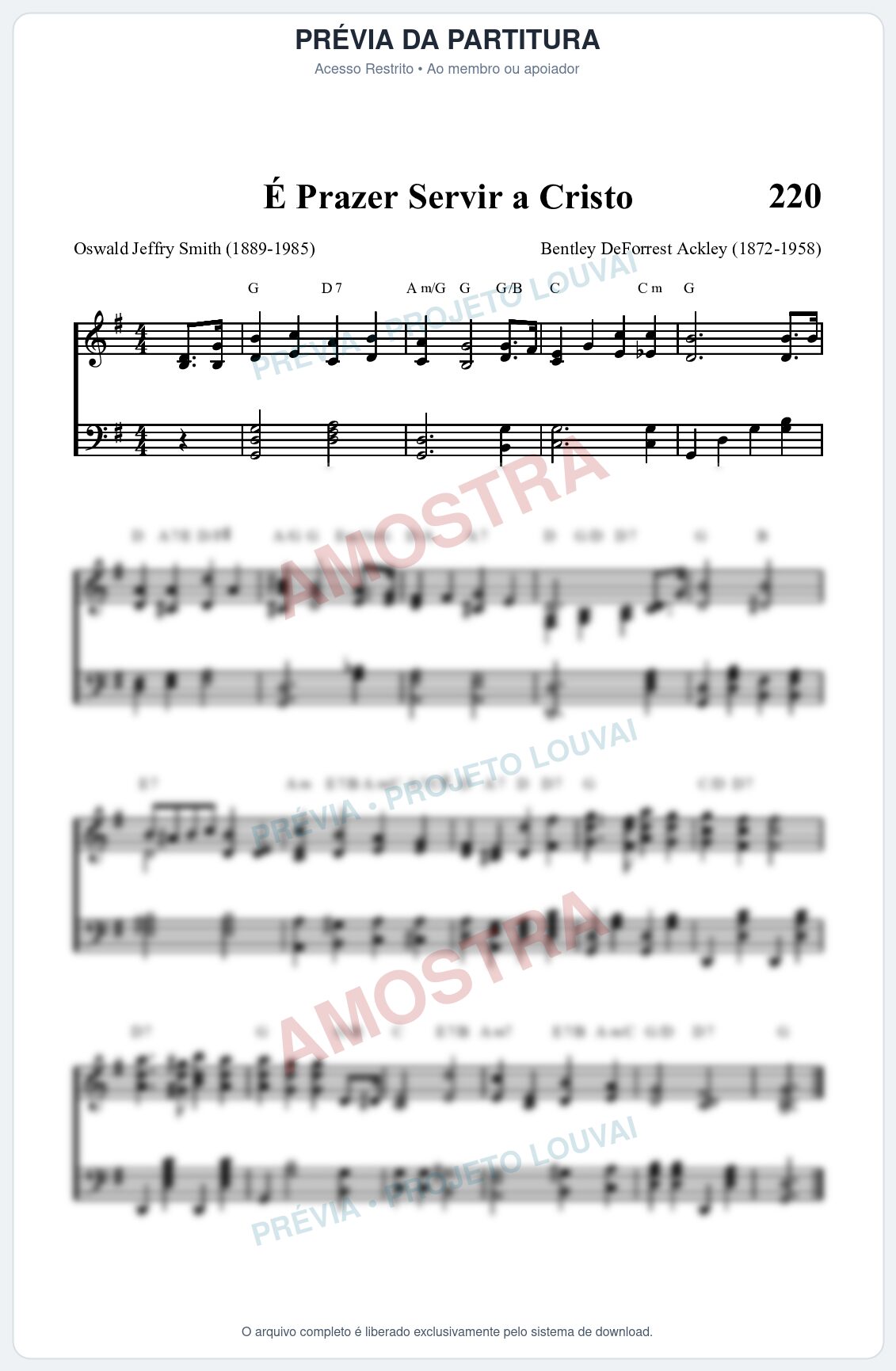 Prévia protegida da primeira página da partitura Partitura da música Prazer Servir a Cristo (HASD 220) - Hinário Adventista - Tom G