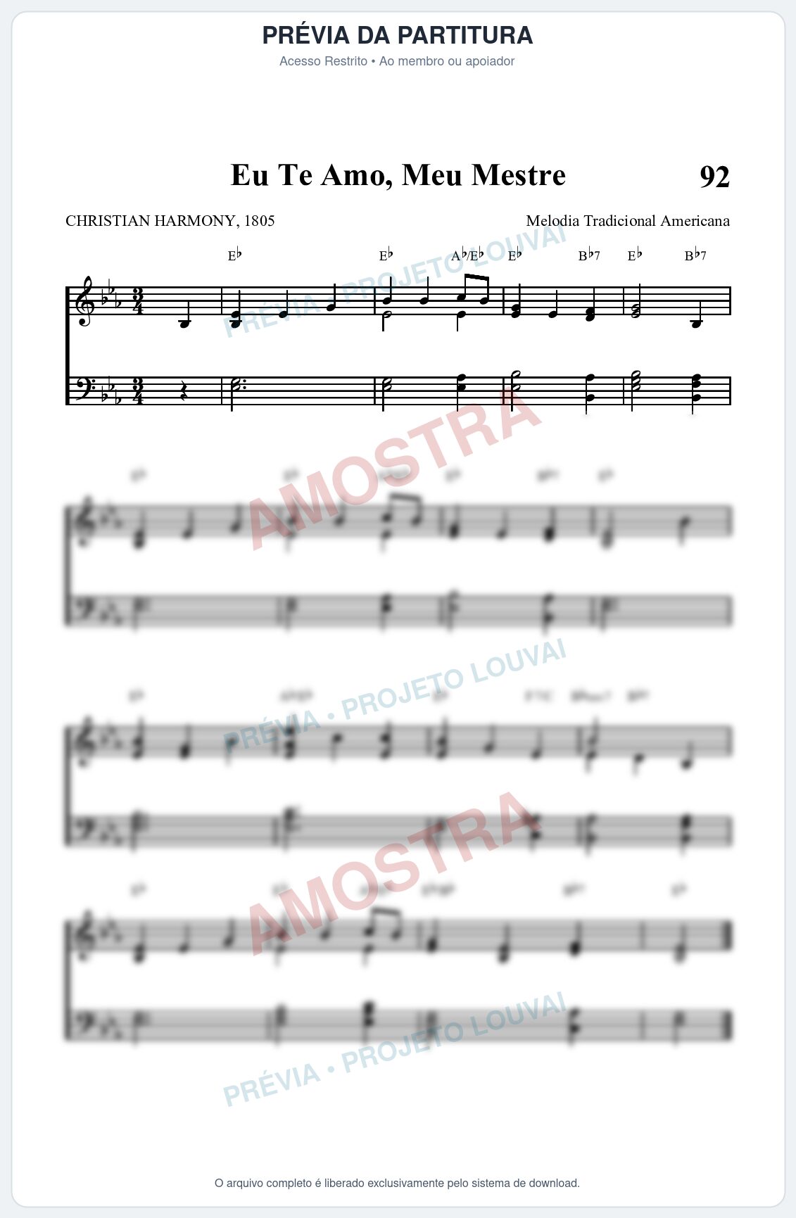 Prévia protegida da primeira página da partitura Partitura da música Eu Te Amo, Meu Mestre (HASD 92) - Hinário Adventista - Tom Eb